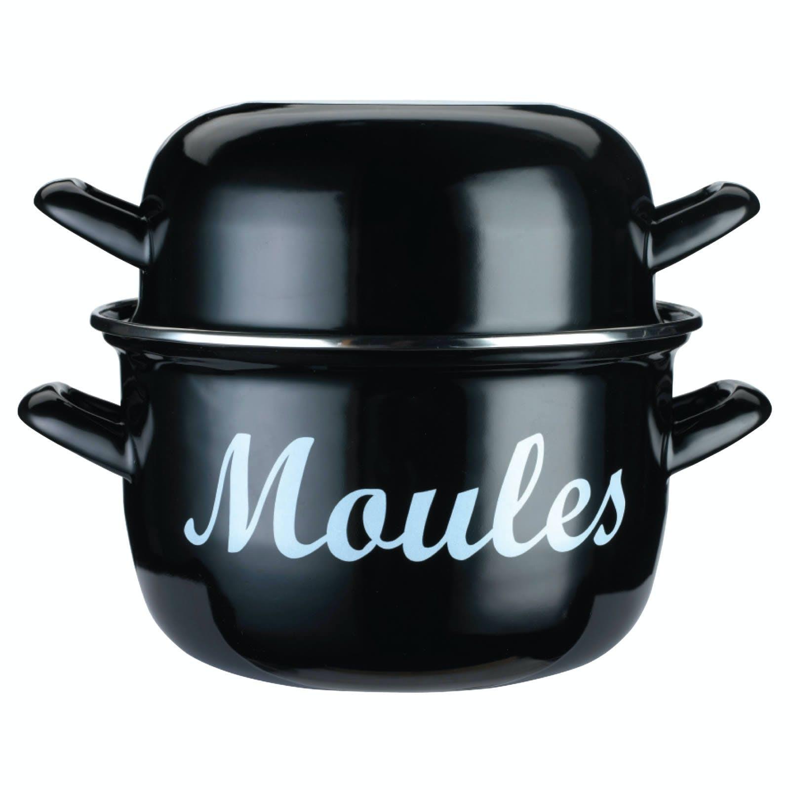 Kitchencraft World Of Flavours Pentola Per Cozze Mediterranea, Pentola In Smalto, Scritta "Moules"", Nera, Grande, 25 Cm"