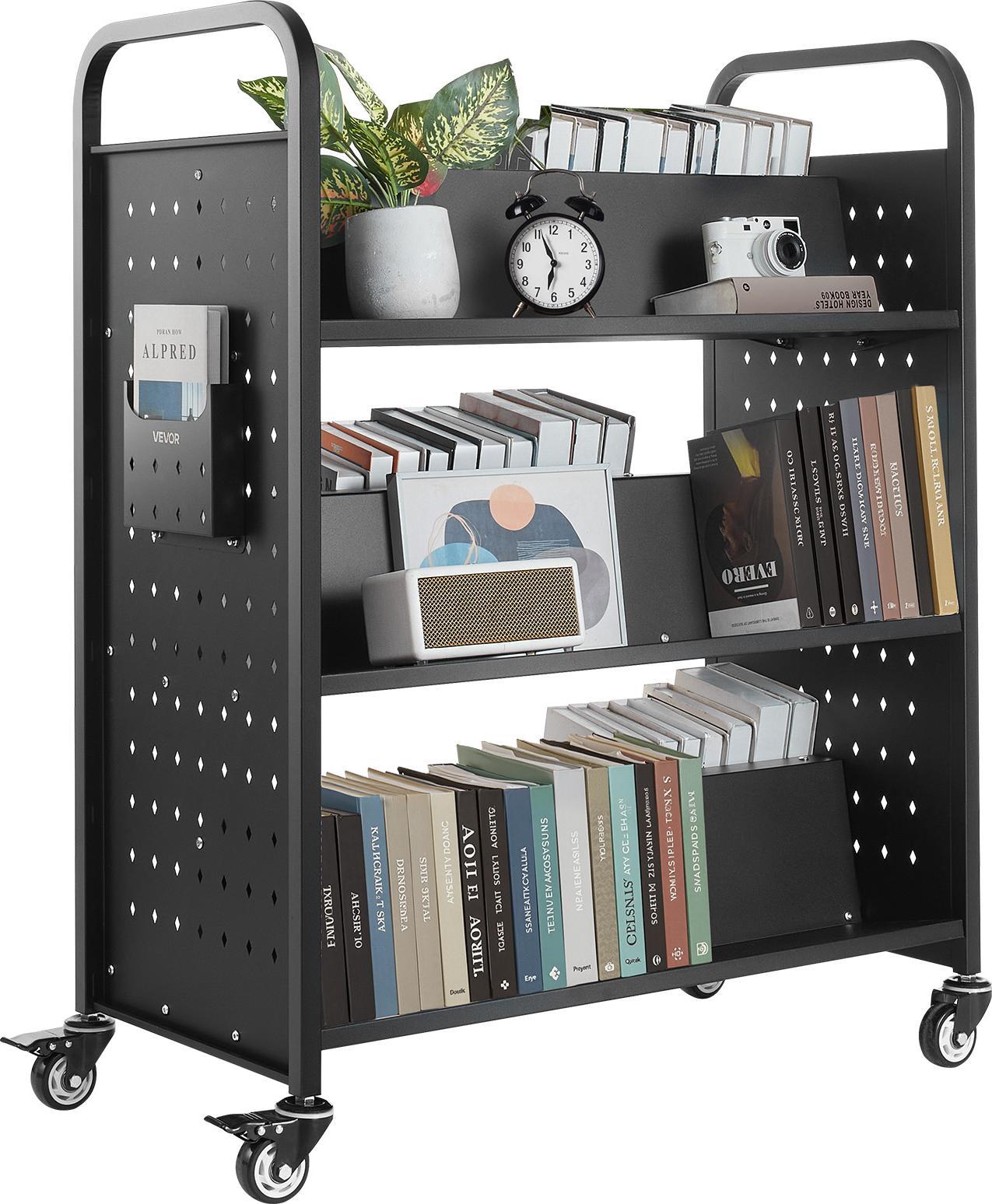 Carrello Porta Libri Vevor, Portata 159 Kg, Carrello Per Biblioteca, 970X515X1225 Mm, Libreria A W Bifacciale Con Rotelle A Doppio Freno, Carrello Di Sgombero Per Soggiorno, Ufficio, Scuola, Nero