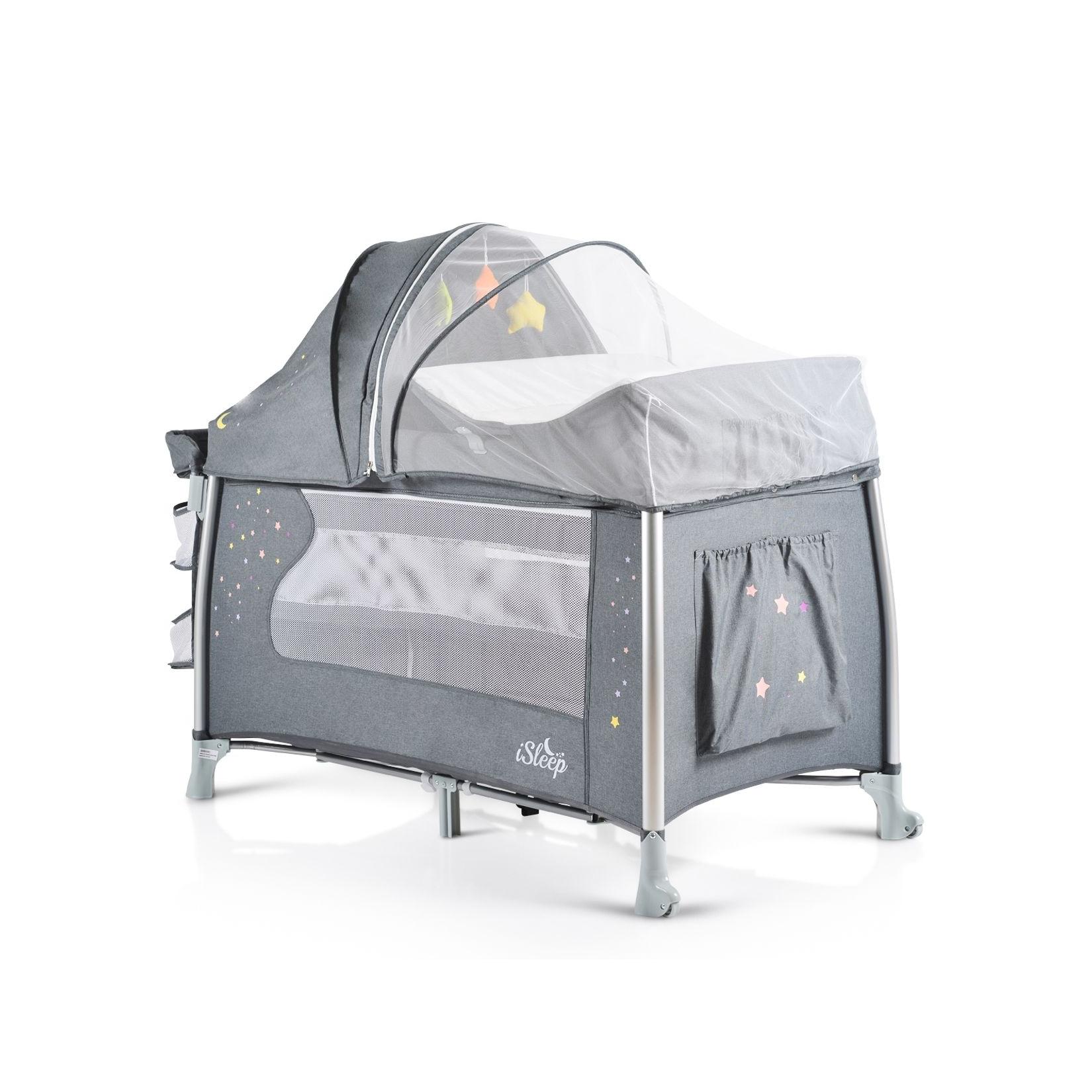 Cangaroo Reisebett iSleep Wiege Matratze Spielbogen Wickelauflage Moskitonetz grau
