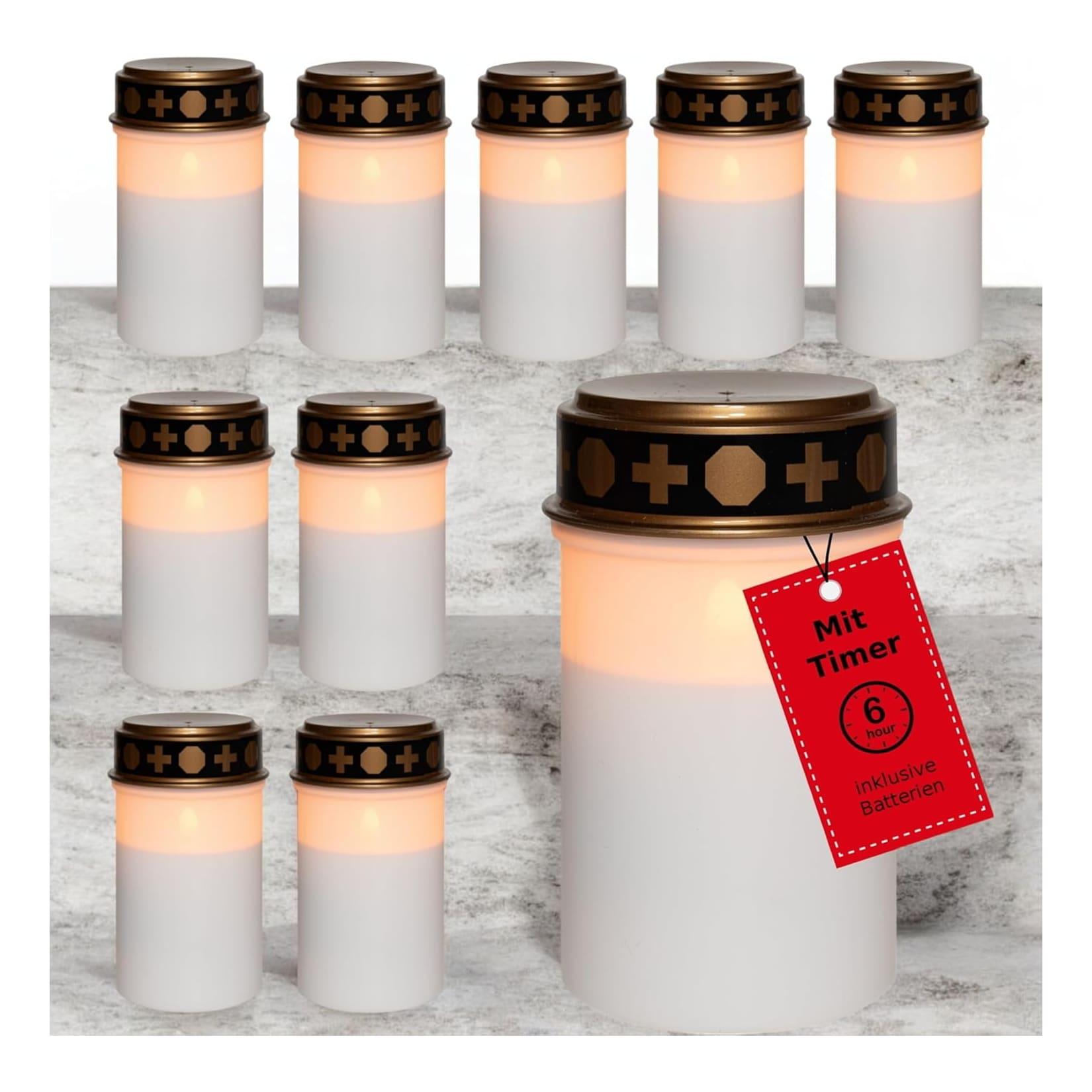 Novaliv LED Grablichter mit Batterie und Timer 6/18 weiß 10 Stück LED Kerzen mit Batterien Grabkerzen Friedhofskerze Kerzen flackernde Flamme Gedenkkerze Ewiges Licht Trauerkerze