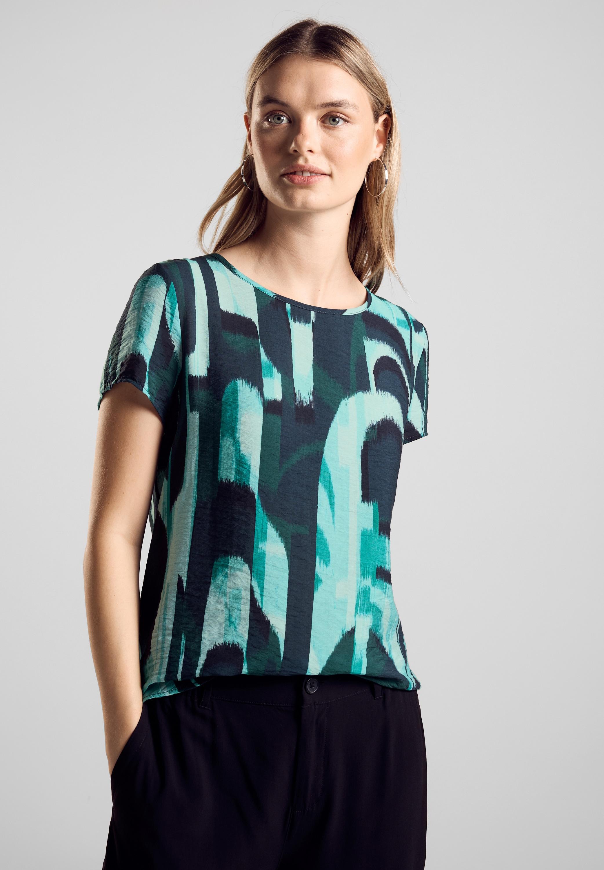 Print-Shirt Street One, Damen, Gr. 34, GrüN (Hunter GrüN), Stoff, Vorderseite: 84% Viskose, 16% Polyamid. RüCkseite: 95% Viskose, 5% Elasthan, Bedruckt, Normal Normal, Rundhals, Abgesteppt, Shirts, Aus Softer Viskose