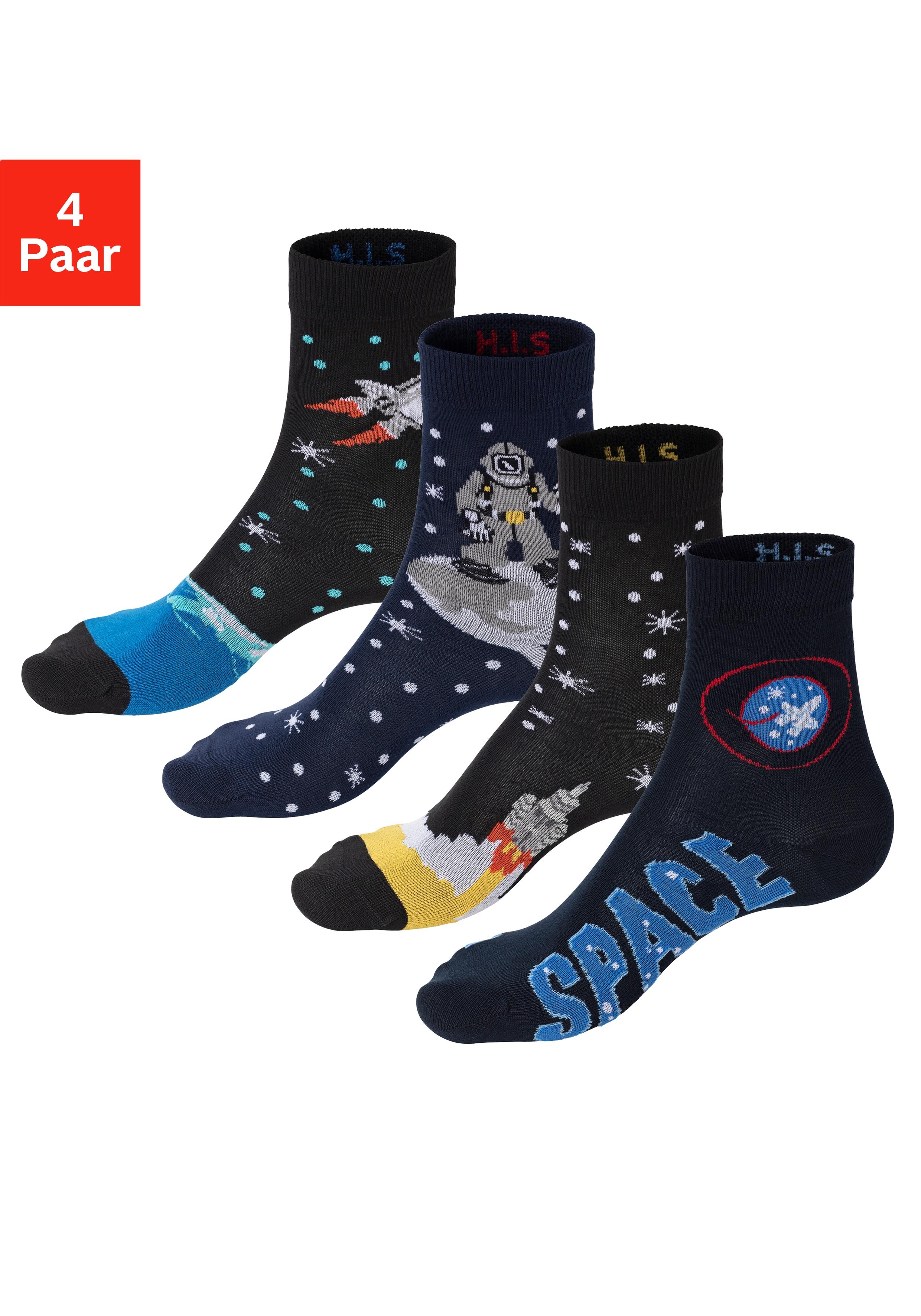 Socken H.I.S, MäDchen, Gr. 27-30, Blau (2X Blau, Gemustert, 2X Schwarz, Gemustert), Baumwollmischung, Gemustert, Elastisch, Socken Socken, Mit Eingestrickten Motiven