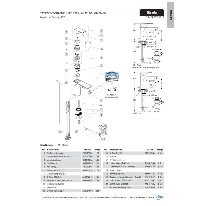 Ideal Standard Griffhebel Strada, Rund, Multiport, F960983AA Kpl., Chrom