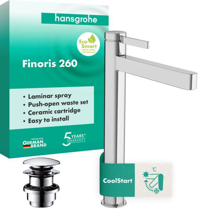 Hansgrohe Finoris Einhebel-Waschtischarmatur 76072000 Mit Push-Open-Ablaufgarnitur, Ausladung 208Mm, Chrom
