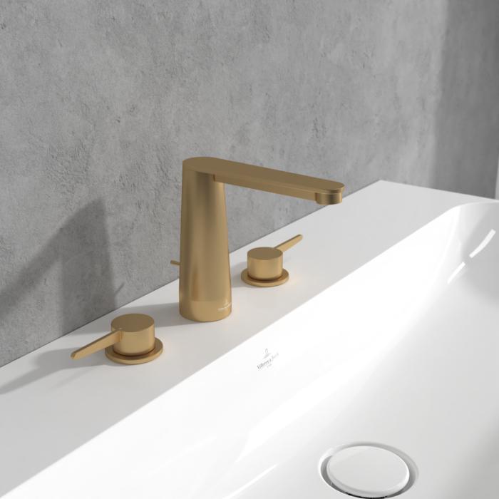 Villeroy Und Boch Conum Dreiloch-Waschtischarmatur TVW12700100076 Mit Zugstangen- Ablaufgarnitur, Brushed Gold