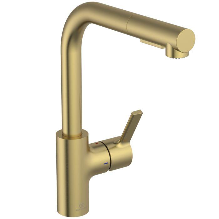 Ideal Standard Gusto KüChenarmatur BD420A2 Brushed Gold, Mit Rohrauslauf Und Herausziehbarer 2-Funktionshandbrause