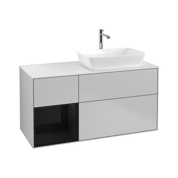 Villeroy und Boch Finion Waschtischunterschrank F801PHGJ 120cm, Abdeckplatte white matt, Regale Glossy black lacquer, Light grey matt