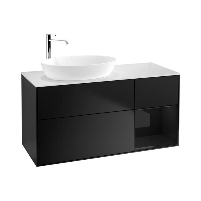 Villeroy und Boch Finion Waschtischunterschrank G931PHPD 120cm, Abdeckplatte white matt, Emotion, Regale Glossy black lacquer, Black matt lacquer