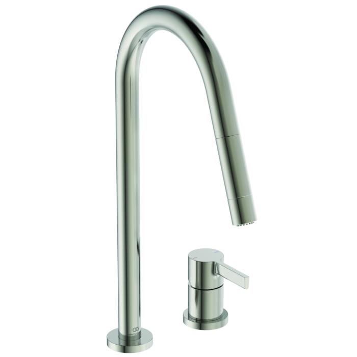 Ideal Standard Gusto KüChen-2-Loch-Armatur BD424GN Silver Storm, Mit Hohem Rohrauslauf Und Herausziehbarer 2-Funktionshandbrause