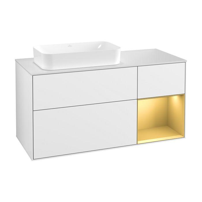 Villeroy Und Boch Finion Waschtischunterschrank G281HFGF 120Cm, Abdeckplatte White Matt, Emotion, Regal Rechts Gold Matt, Glossy White Lacquer