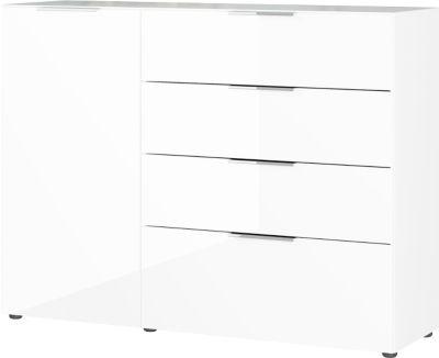Sideboard, Mit 4 Schubladen Und 1 TüR, Glasfront- Und Auflage, B 1340 X T 420 X H 1020 Mm, Weiß