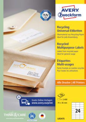 Etiketten Avery® : Zweckform, FüR Druckertyp Inkjet/Laser, Rechteckig, Nachhaltig, A4 Format, Papier, Naturweiß, 2400 Etiketten, B 70 X H 36 Mm