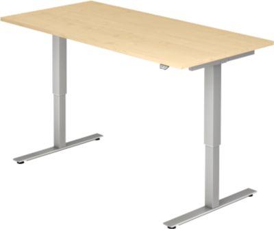 Schreibtisch Ulm, Elektrisch HöHenverstellbar, Rechteck, T-Fuß, B 1600 X T 800 X H 720-1190 Mm, Ahorn/Alusilber + Kabelwanne