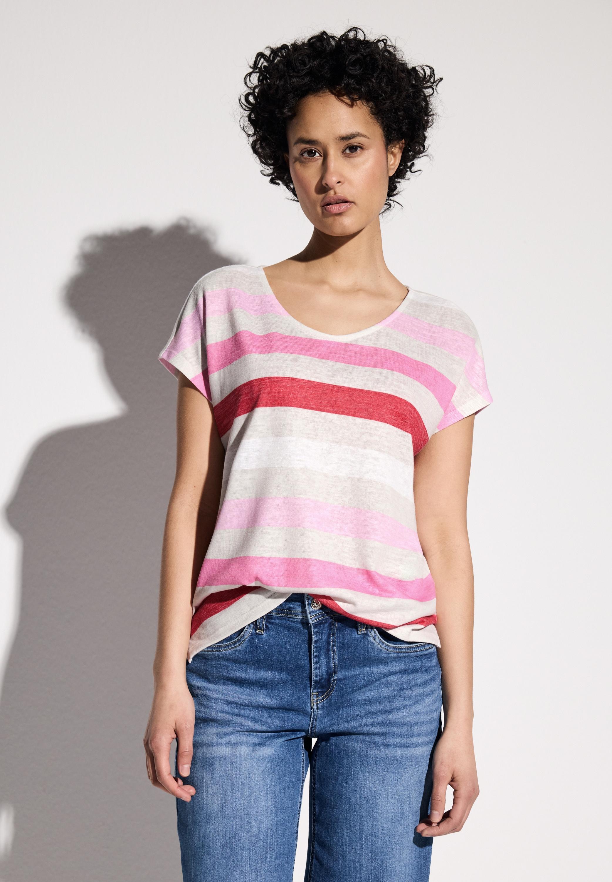 T-Shirt Street One, Damen, Gr. 38, Rot (Glory Rot), Stoff, 80% Polyester, 20% Viskose, Gestreift, Gerade Normal, Rundhals, BüNdchen, Shirts T-Shirt, Mit Rundhalsausschnitt