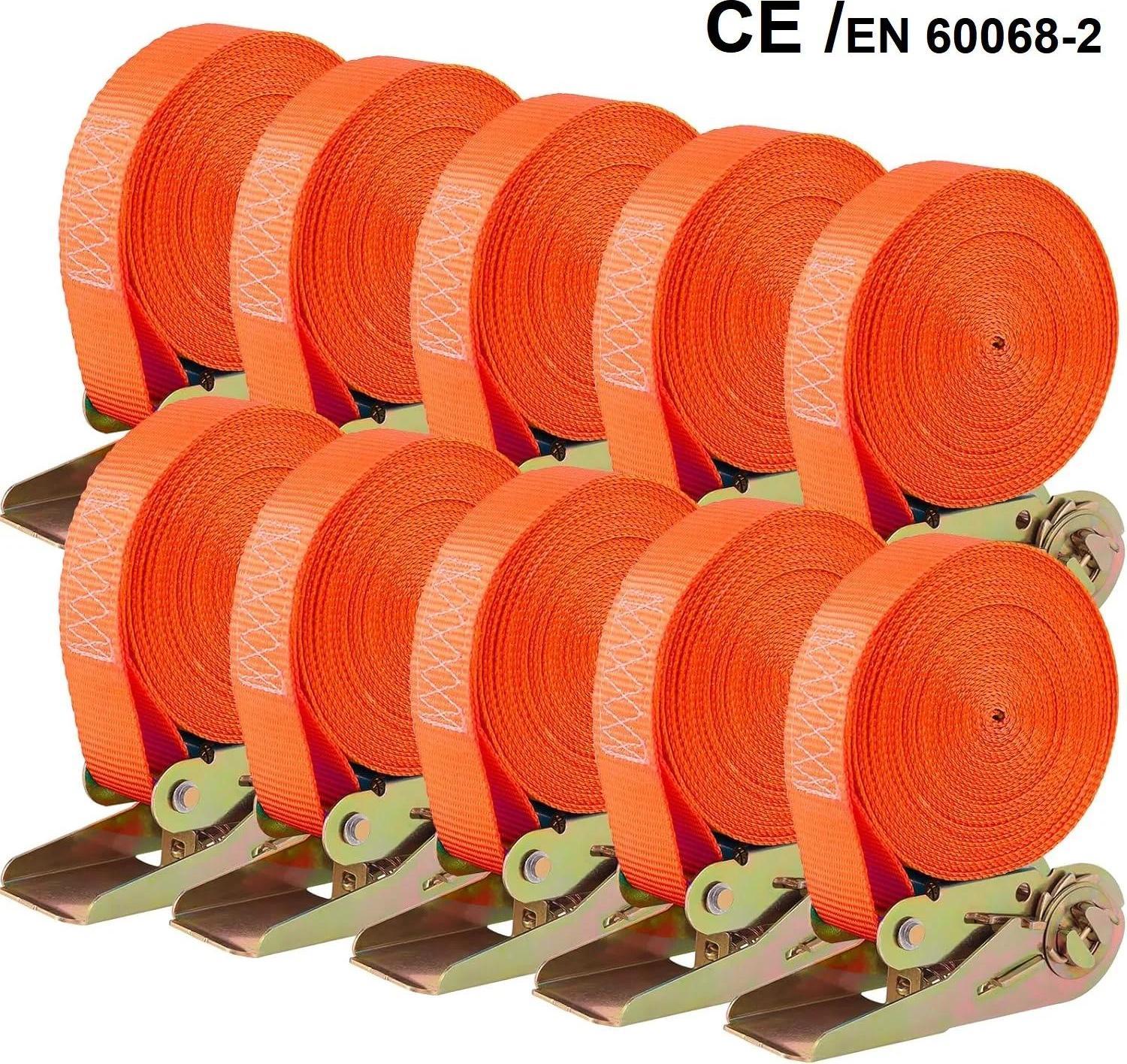 Cinghie Di Fissaggio 10 Pezzi - Cinghia Di Tensionamento A Cricchetto - Larghezza Cinghia 25 Mm - Lunghezza Cinghia 6 M - Forza Di Fissaggio 800 Kg - 100% Poliestere - Arancione