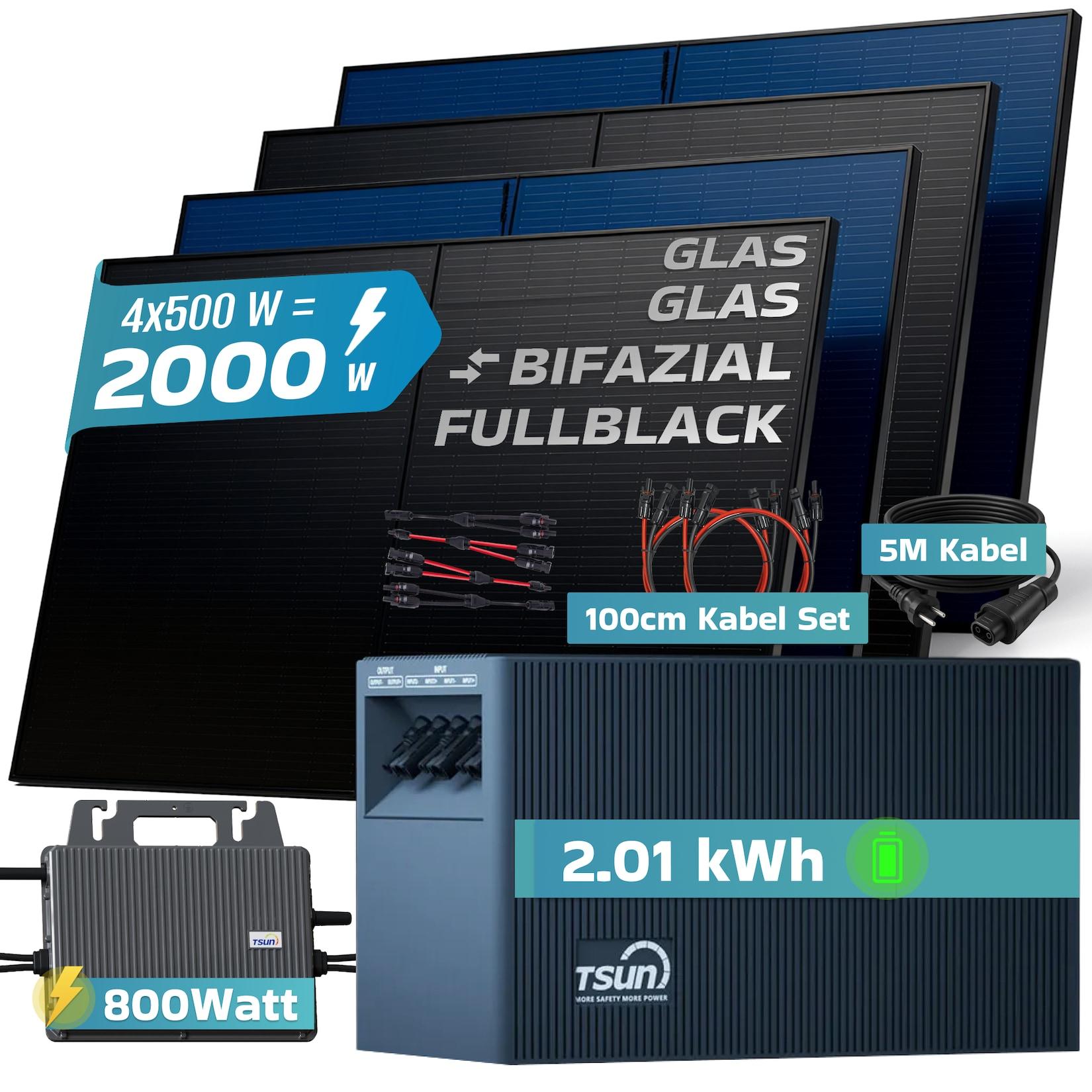 SUNNIVA® 2000W Balkonkraftwerk mit 2,01 kWh Speicher TSUN SOLARCAN TSOL-DCU2000Lite, BIFAZIAL FULLBLACK komplett Steckdose, PV Solaranlage Komplettset mit Solarspeicher, 4x 500W Glas-Glas Bifacial