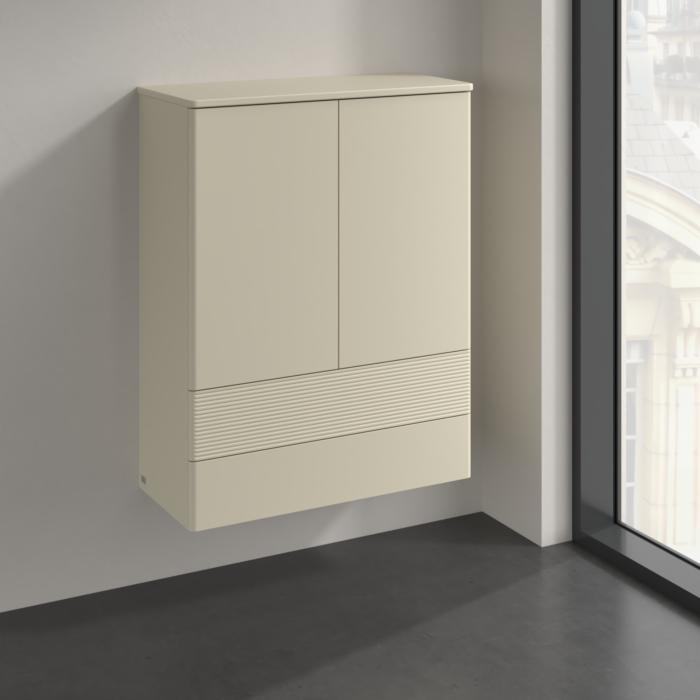 Villeroy und Boch Antao Highboard K47100HJ 2 Türen, 814 x 1039 x 356 mm, Front mit Struktur, Silk Grey Matt Lacquer / Silk Grey Matt Lacquer