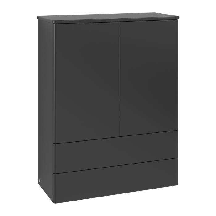 Villeroy und Boch Antao Highboard L47000PD mit Beleuchtung, 2 Türen, 814 x 1039 x 356 mm, Front ohne Struktur, Black Matt Lacquer / Black Matt Lacquer