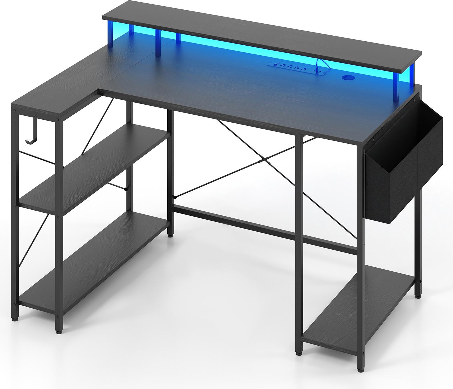 Costway Scrivania A L 120 Cm Con Prese Di Corrente, Led, Supporto Per Monitor, Ripiani E Borsa Portaoggetti, Scrivania Angolare Per Computer Da Gioco Nera