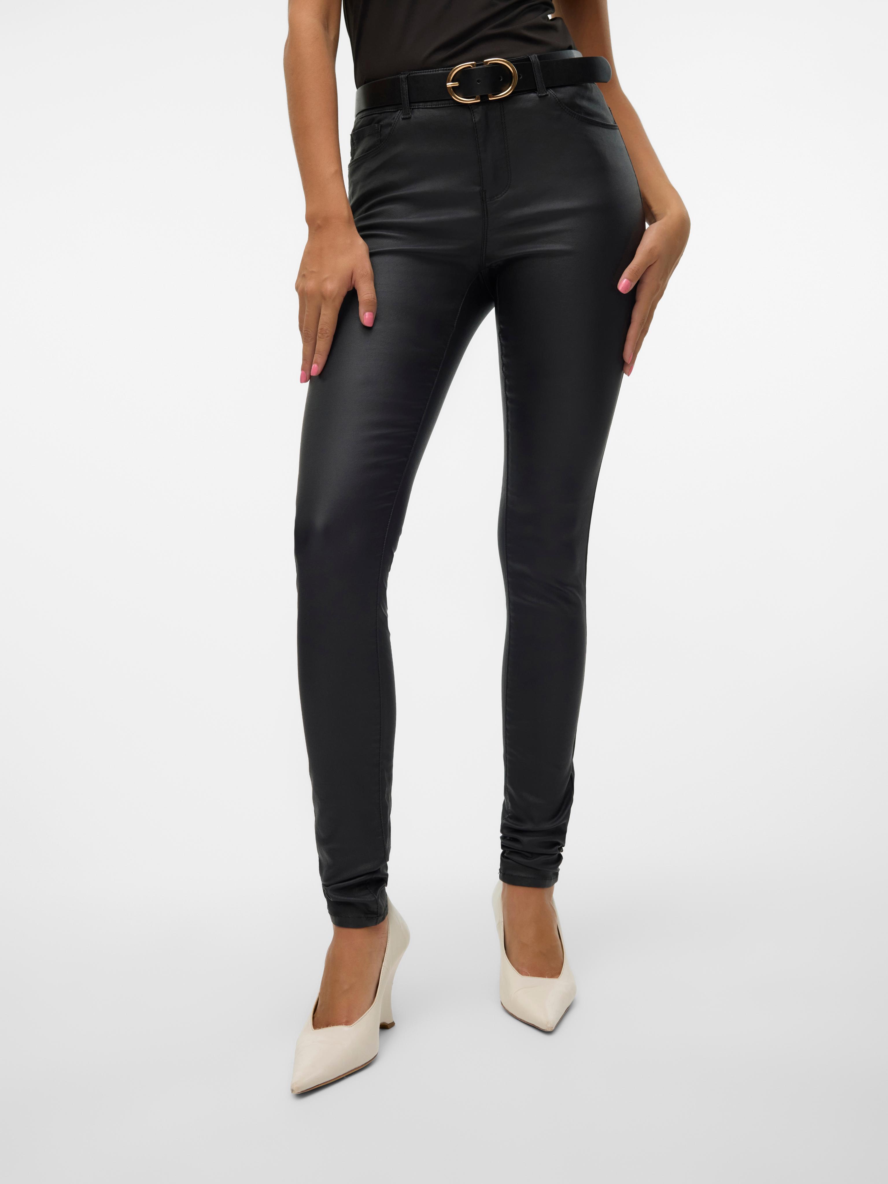 Stretch-Hose Vero Moda "Vmseven Coated", Damen, Gr. L (40), LäNge 34, Schwarz, Web, Obermaterial: 77% Viskose, 20% Nylon, 3% Elasthan, Leicht GläNzend, Unifarben, Extraeng Lang, Hosen 5-Pocket-Hose