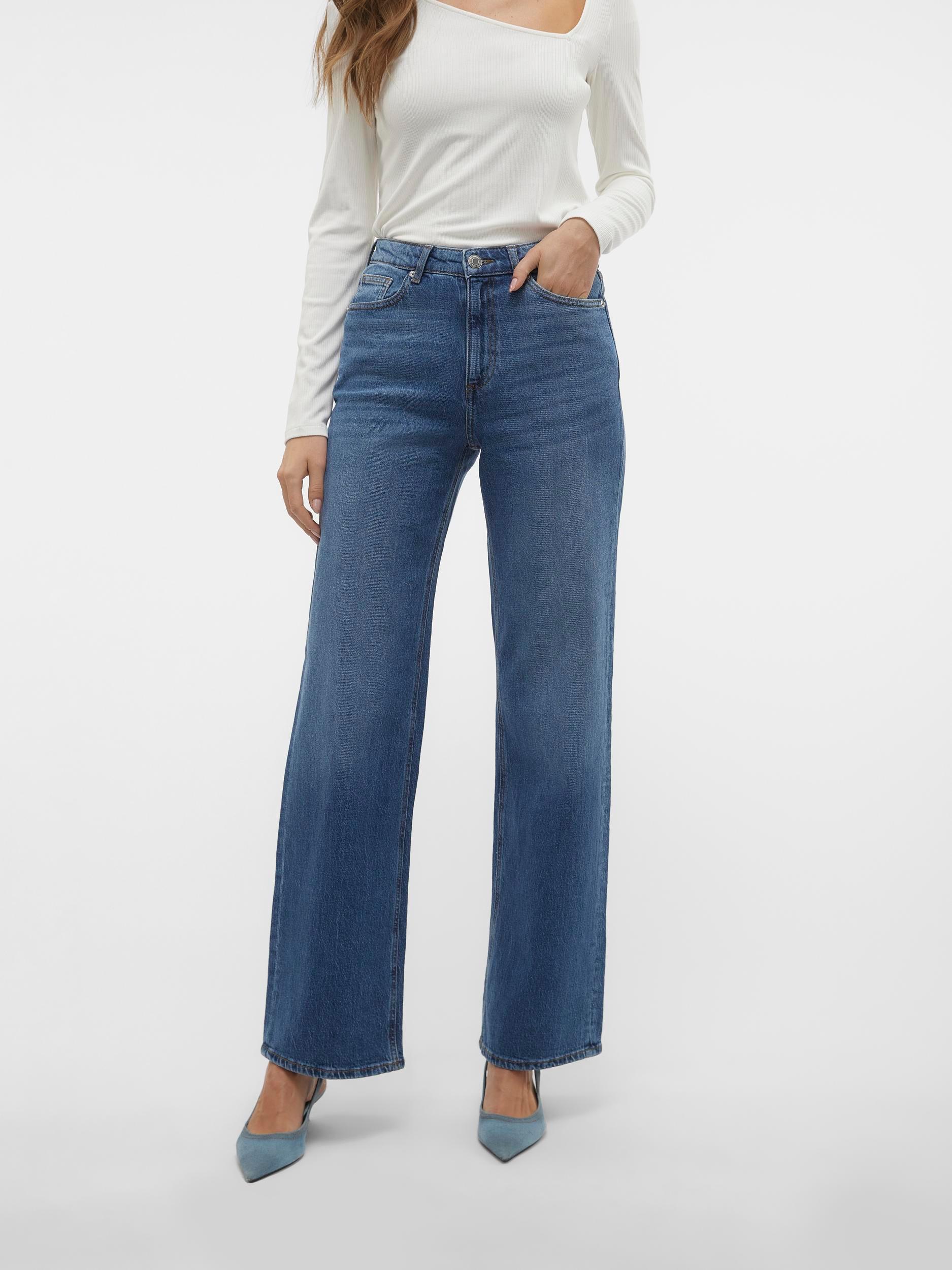 High-Waist-Jeans Vero Moda "Vmtessa HR Wide Jeans RA380 GA Noos", Damen, Gr. 29, LäNge 30, Blau (Medium Blau Denim), Denim/Jeans, Obermaterial: 99% Baumwolle, 1% Elasthan, Unifarben, Weit, Jeans High-Waist-Jeans