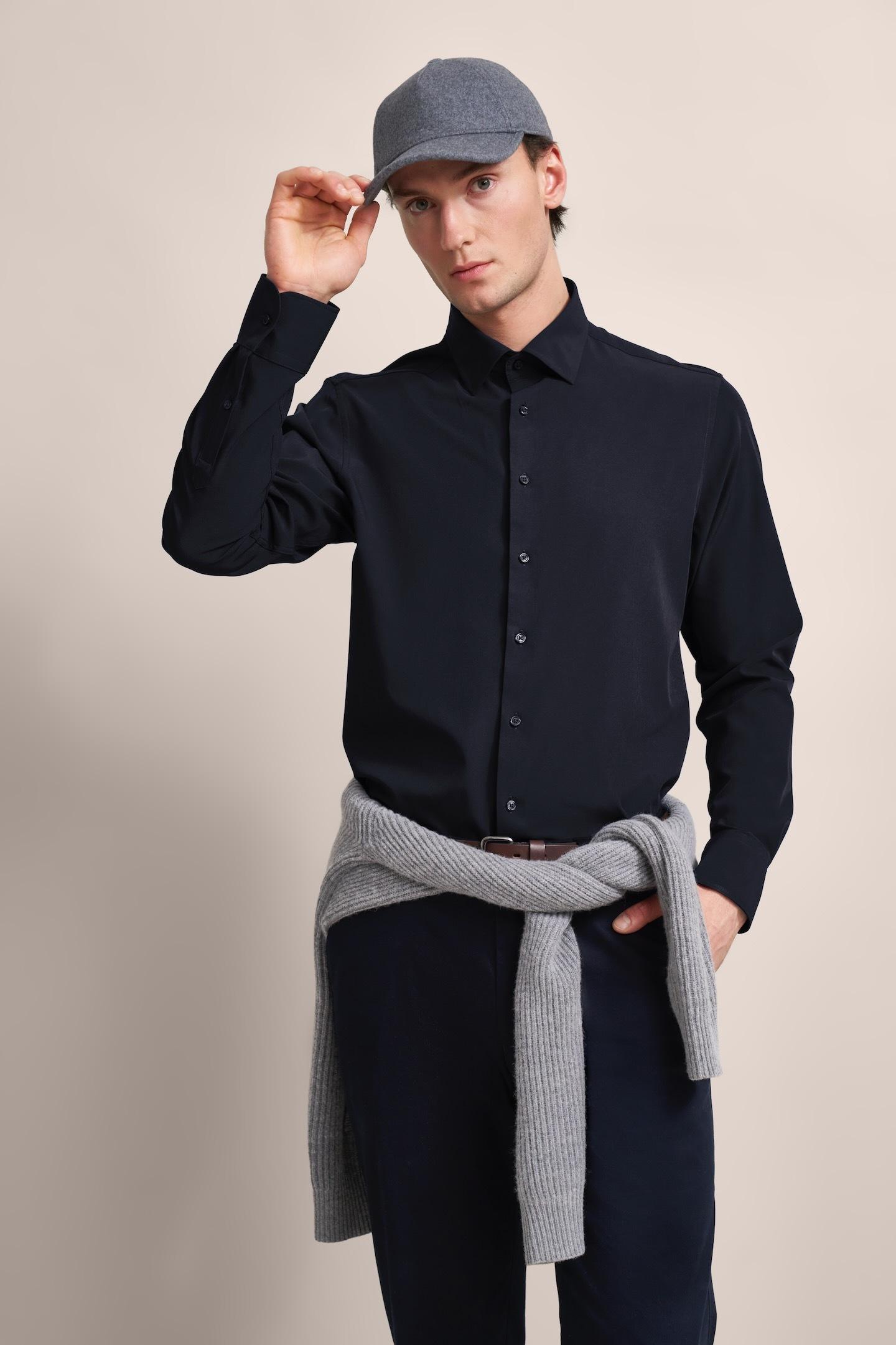 Langarmhemd Bugatti, Herren, Gr. Xl, NormalgrößEn, Blau (Marine), 88% Polyester, 12% Elasthan, Unifarben, Normal, 2-Knopf-Manschette, Hemden, Mit Elasthananteil