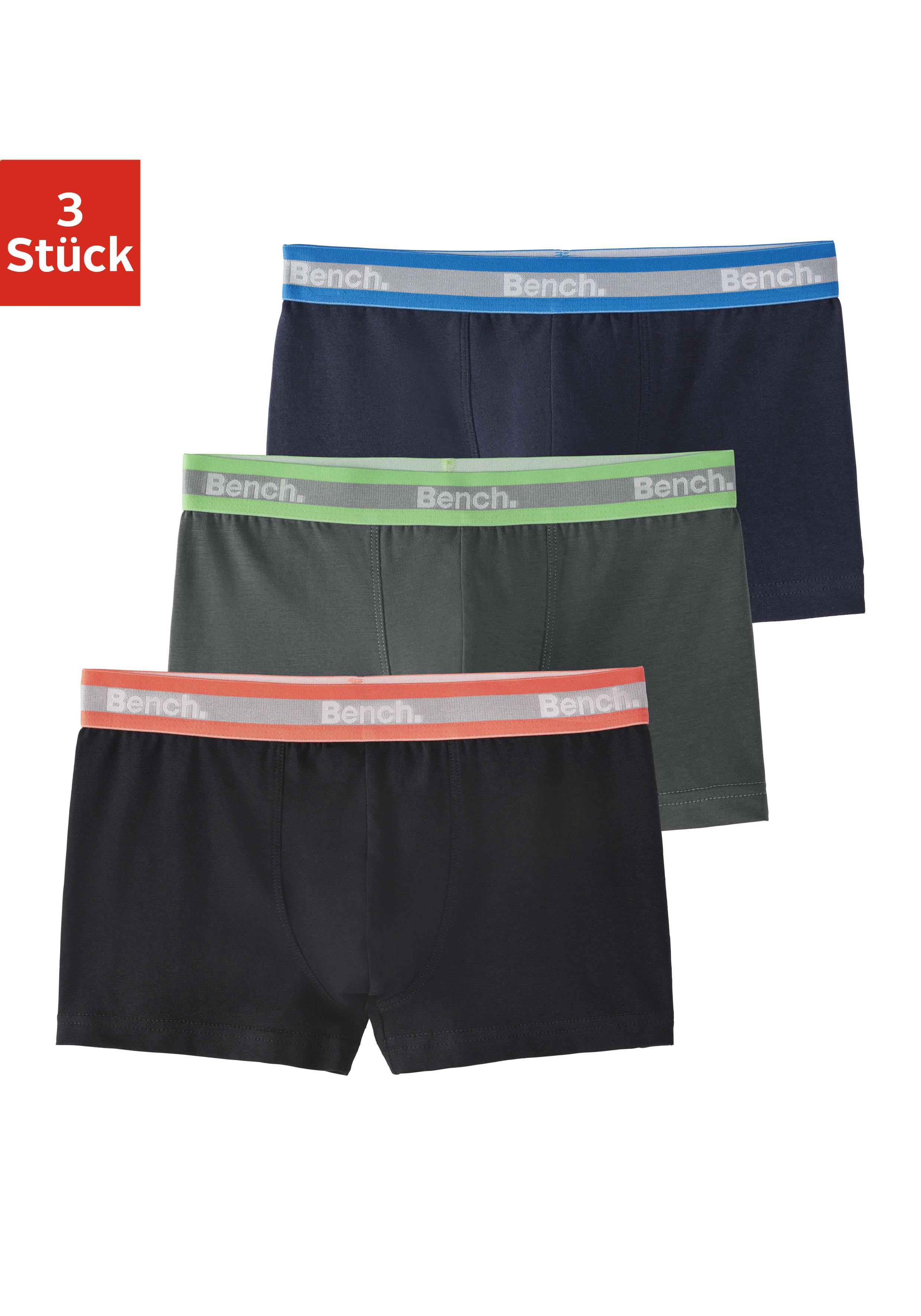 Boxer Bench. "Boxershorts FüR Jungen", Jungen, Gr. 158/164, 3 Stk., Schwarz (Schwarz, Grau, Navy), Jersey, Obermaterial: 95% Baumwolle, 5% Elasthan, Unifarben, KöRpernah, Unterhosen, Unifarben Mit Neon BüNdchen