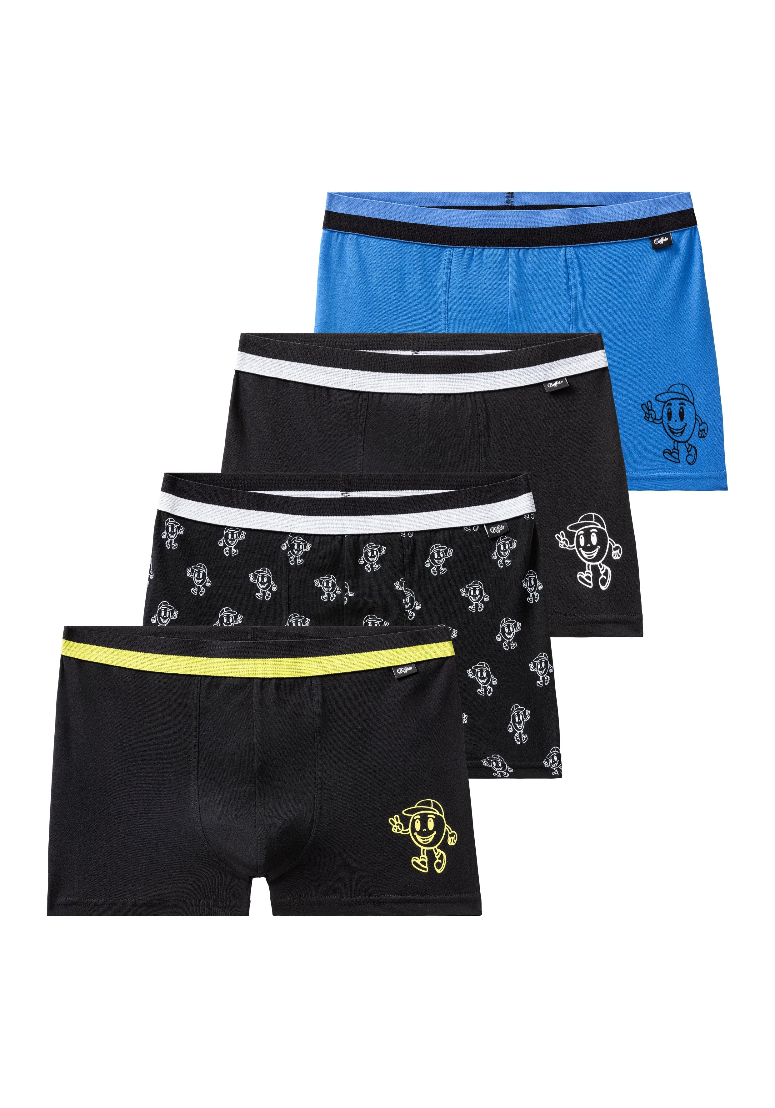 Boxer Buffalo "Boxershorts FüR Jungen", Herren, Gr. 158/164, 4 Stk., Schwarz (Schwarz, Blau), Jersey, Obermaterial: 95% Baumwolle, 5% Elasthan, Bedruckt, KöRpernah, Unterhosen, Mit Witzigen Icons Bedruckt