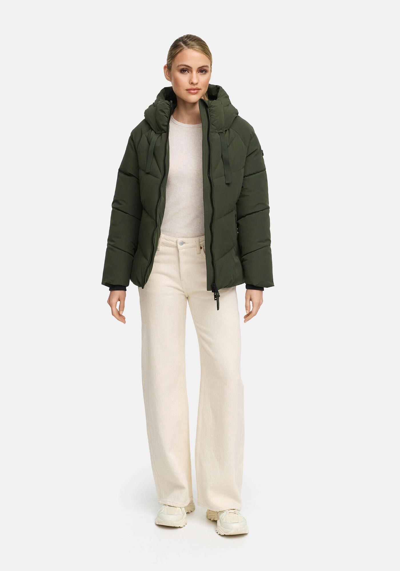 Winterjacke Marikoo "Kwamee", Damen, Gr. Xl, GrüN (Schwarz Olive), Obermaterial: 92% Nylon, 8% Elasthan. Innenseite: 100% Polyester. Futter: 100% Polyester. Wattierung: 100% Polyester, Jacken Winterjacke, SchräG Gesteppte Winterjacke Mit Fester Kapuze