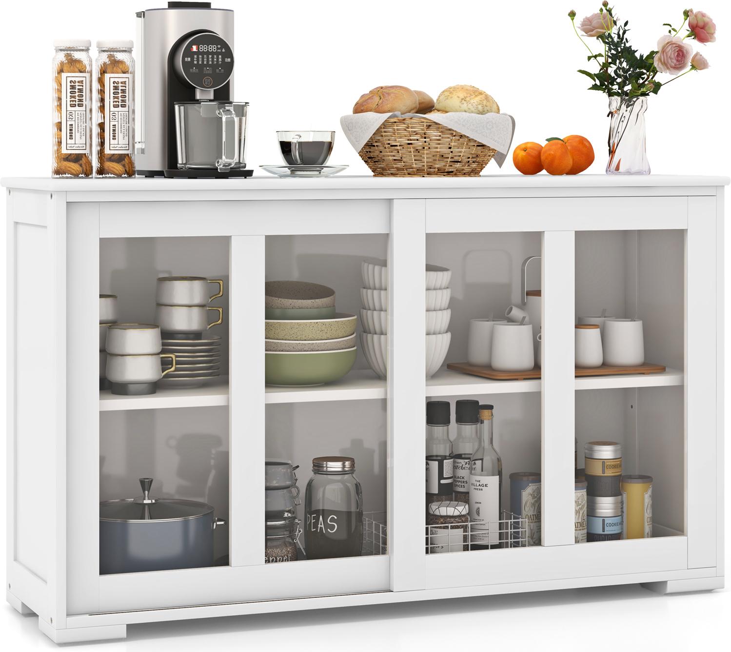 Costway Credenza, Mobile Da Cucina Con Ante Scorrevoli In Vetro E Ripiano Regolabile, Mobile Contenitore 107X33X62,5 Cm Bianco
