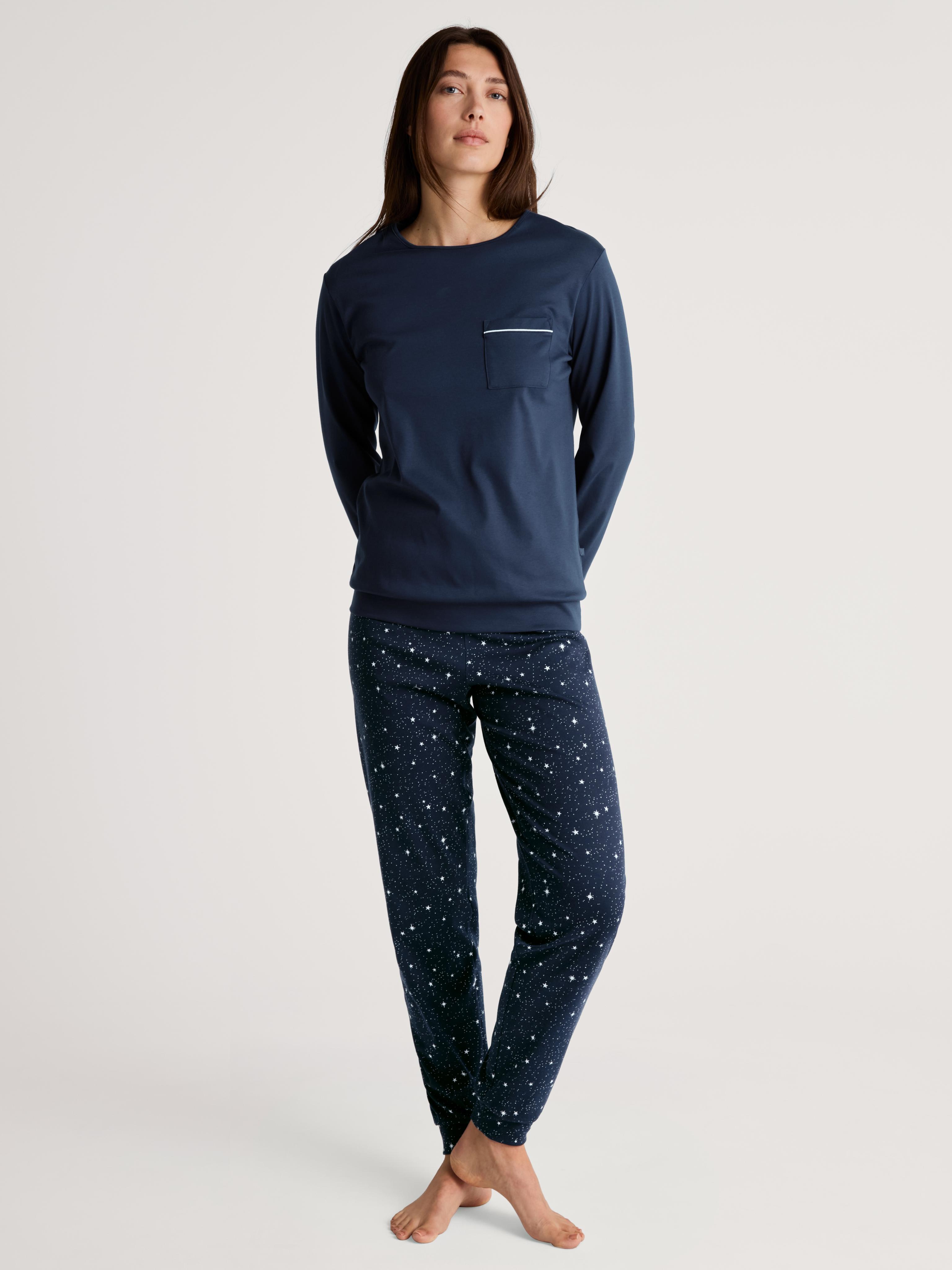 Schlafanzug Calida "Sweet Dreams", Damen, Gr. S (40/42), Blau (Peacoat Blau), Interlock, Obermaterial: 100% Baumwolle, Bequem Lang, Rundhals, Angesetztes BüNdchen, Homewear-Sets Schlafanzug, Langarm, Rundhals, Interlock-QualitäT, Weich, Bequem