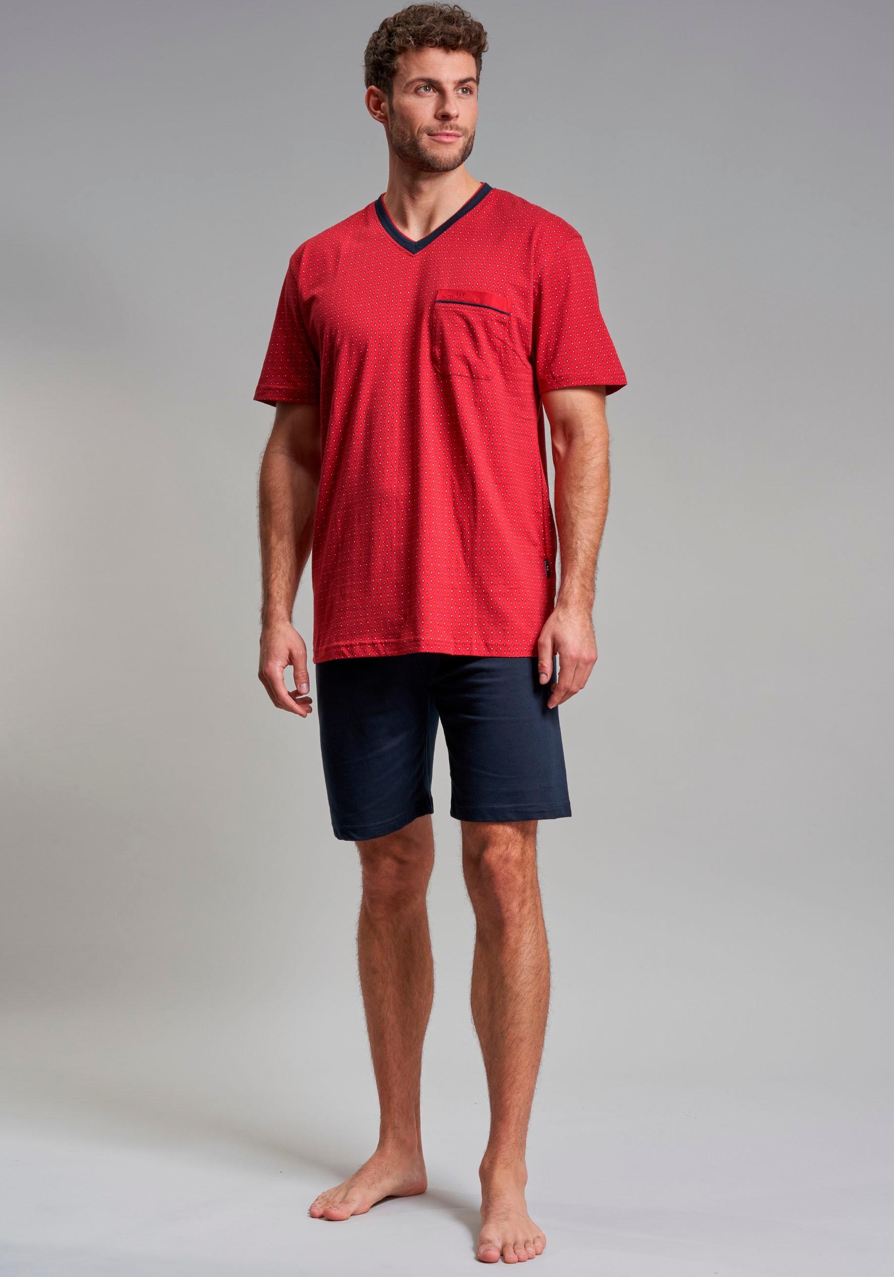 Shorty GÖTzburg "Manhattan", Herren, Gr. 54 (Xl), Rot (Chili Pepper), Single Jersey, Obermaterial: 100% Baumwolle, Bedruckt, Gemustert, Bequem Kniefrei, V-Ausschnitt, Homewear-Sets Shorty, Kurzarm, V-Ausschnitt, Kurze Hose, Baumwolle, Weich