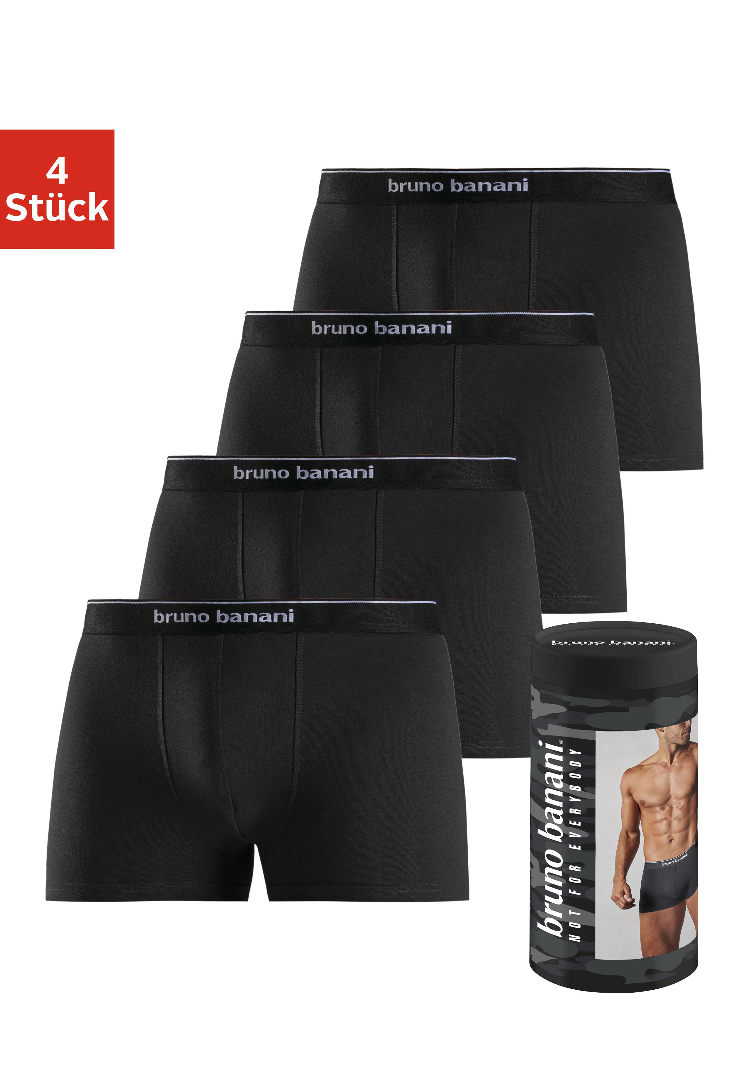 Boxer Bruno Banani "Boxershorts FüR Herren", Herren, Gr. S (4), 4 Stk., Schwarz, Jersey, Obermaterial: 95% Baumwolle, 5% Elasthan, Unifarben, KöRpernah, Unterhosen, In Der Dose Verpackt