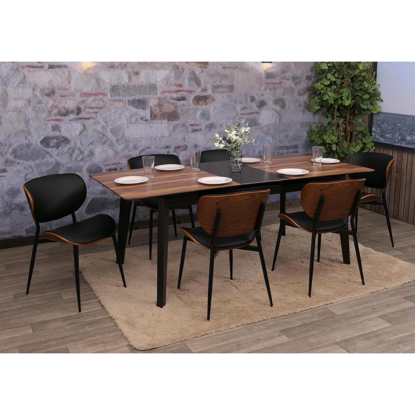 6Er-Set Esszimmerstuhl MCW-O45, Stuhl, Bugholz Kunstleder 280G/M² ÖKo-Tex Mvg ~ Walnuss-Optik, Schwarz