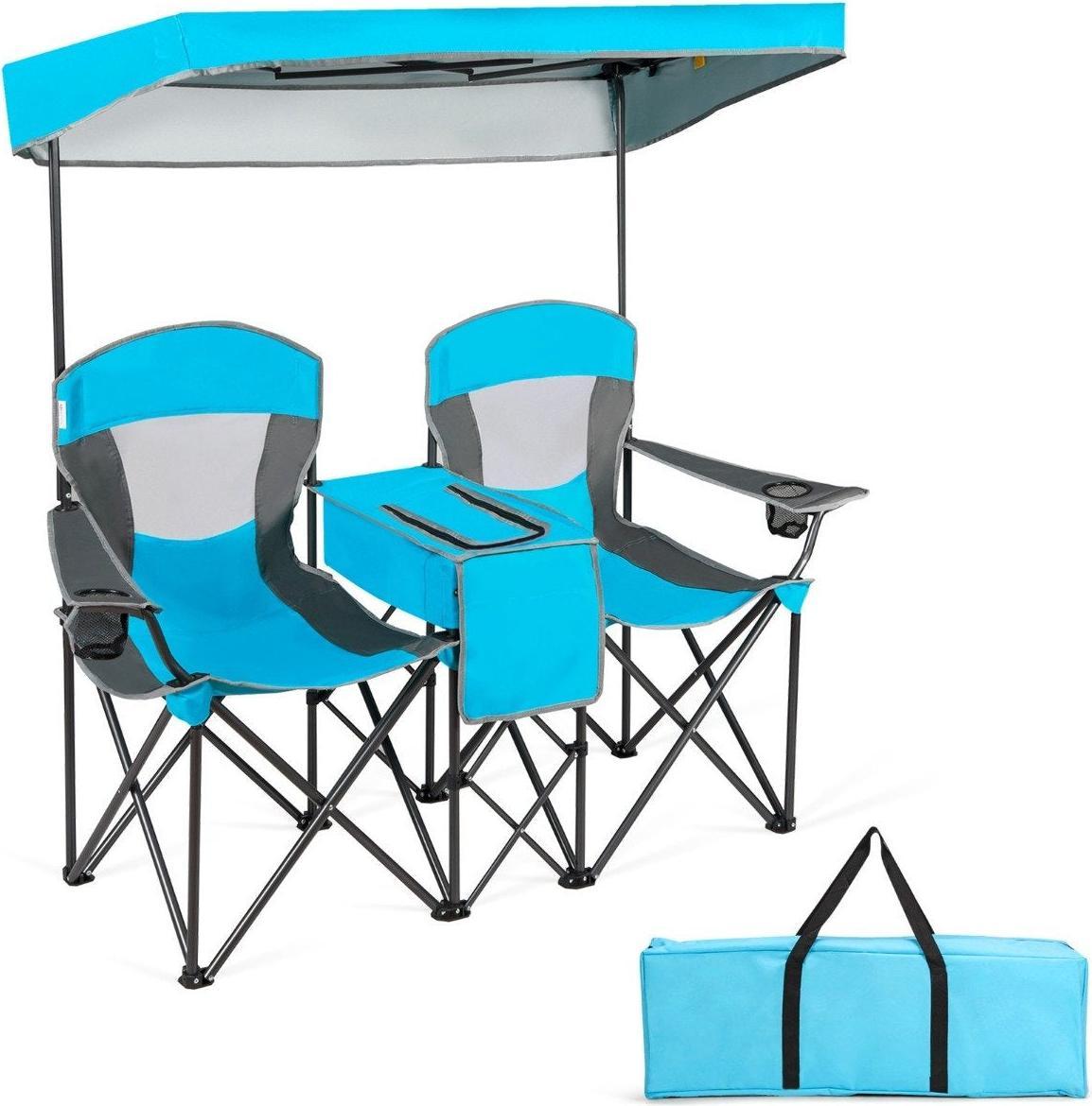 Sedia Da Campeggio A 2 Posti Con Protezione Solare Mini Tavolo Sedia Da Pesca Pieghevole Con Borsa Per Il Trasporto 166 X 71 X 151 Cm Blu