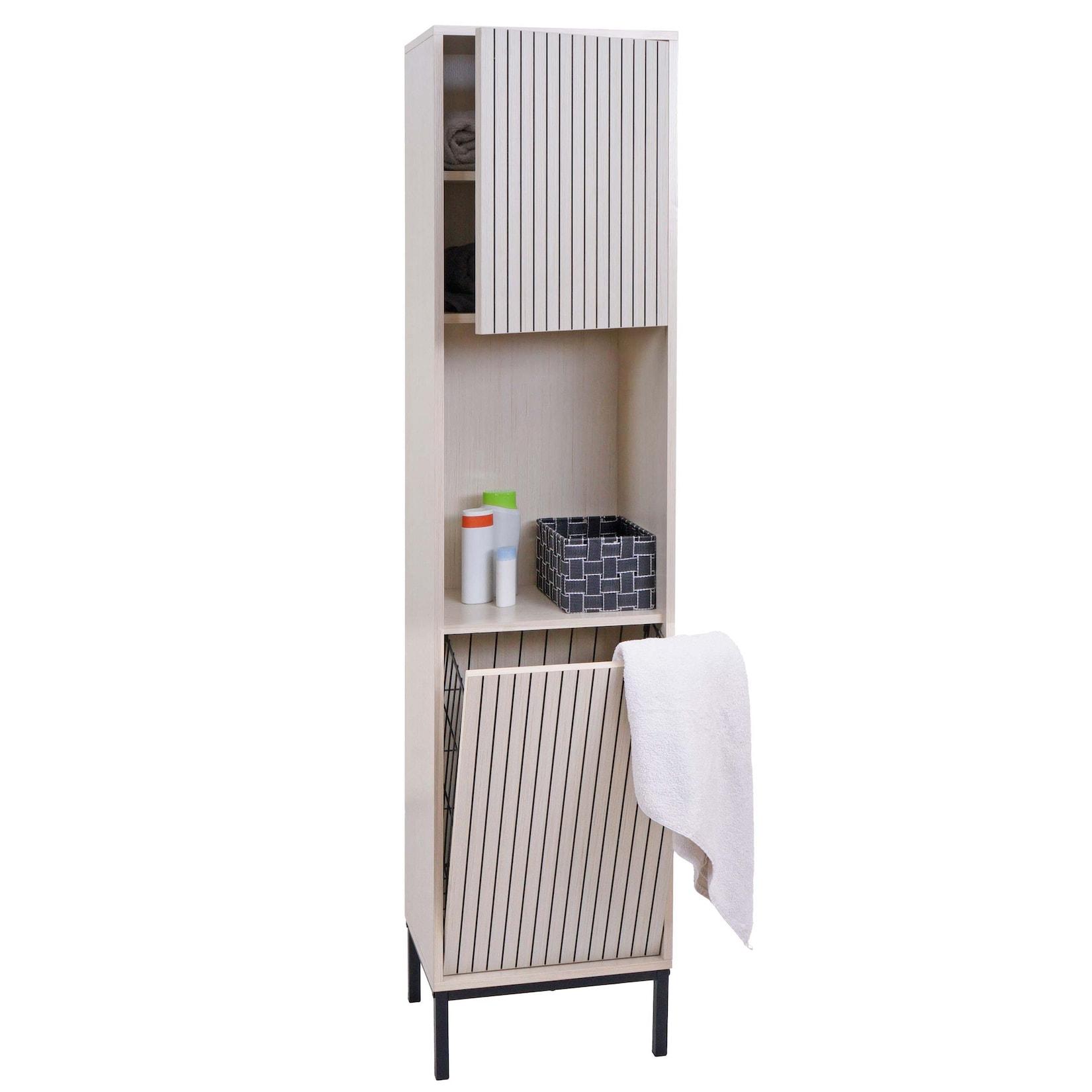Hochschrank MCW-O42, Badschrank Badregal Badezimmer Schrankfächer Wäschekorb, MDF Melamin 174x39x30cm ~ Holzoptik beige
