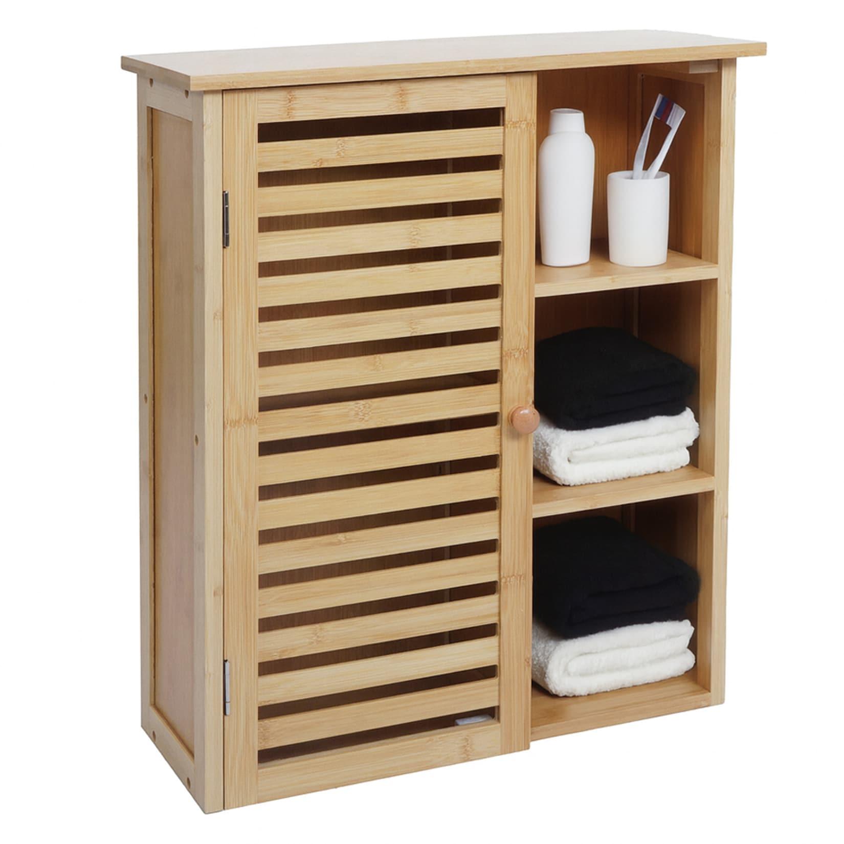Hängeschrank MCW-O73, Badschrank Badezimmerschrank, Türe Staufächer Bambus 60x50x19cm
