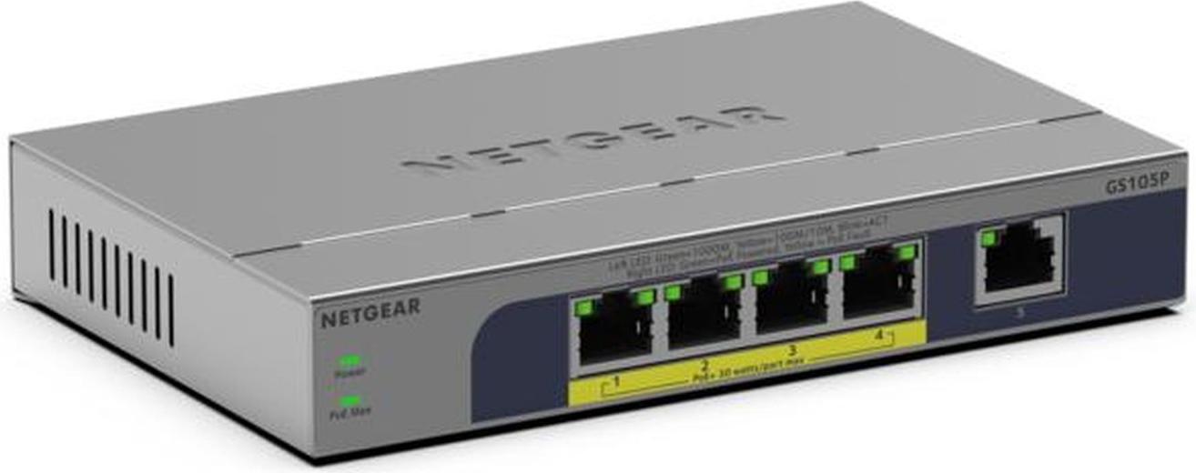 Netgear GS105P, Non Gestito, Gigabit Ethernet (10/100/1000), Modalità Full Duplex, Supporto Power Over Ethernet (Poe), Montaggio Su Scrivania/A Parete