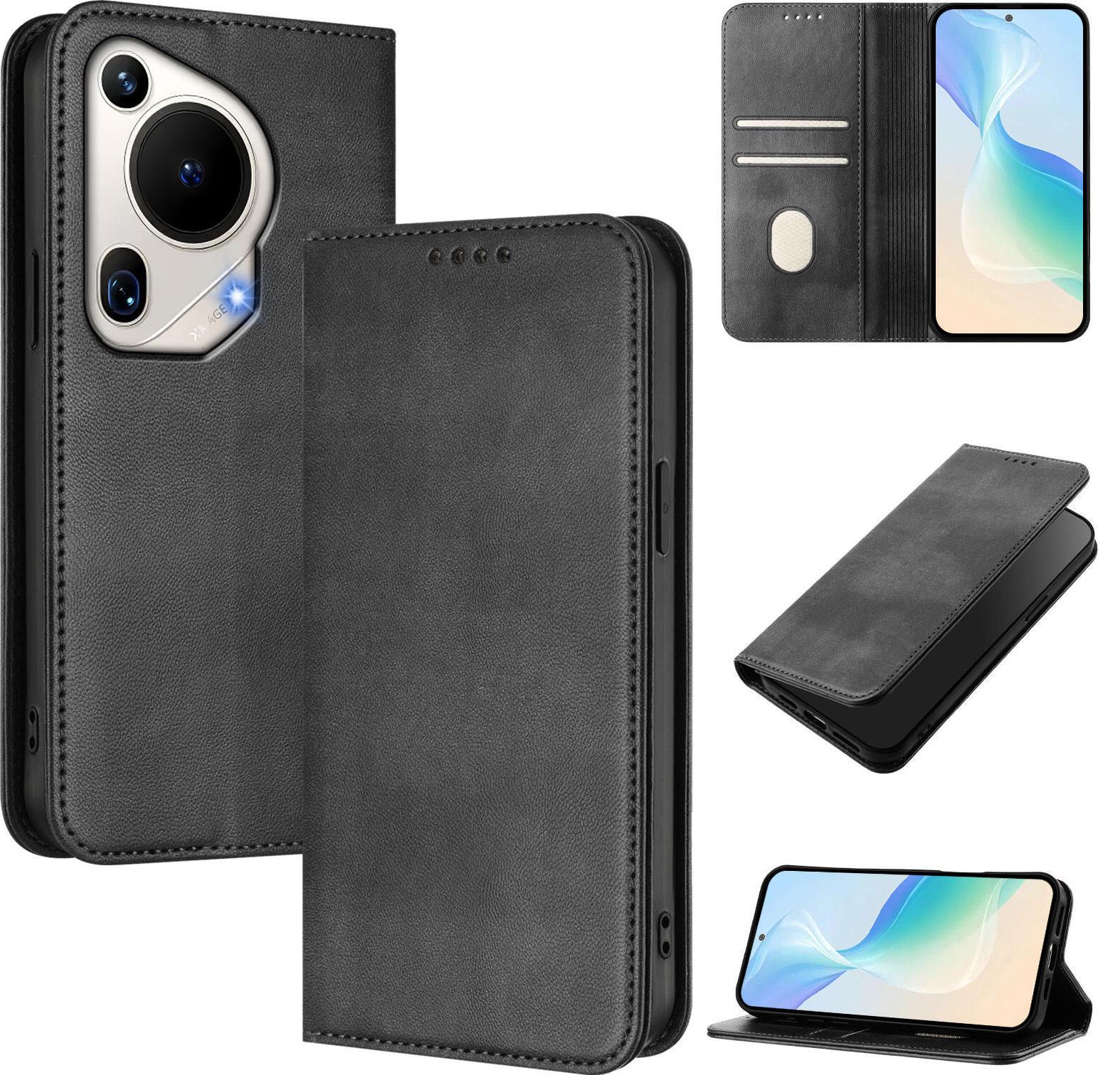 Custodia Per Telefono Cellulare Per Huawei Pura 70 Ultra, Vintage In Pelle Rfid Protezione Carta Titolare Stand Funzione Magnetica Flip Cover Nero