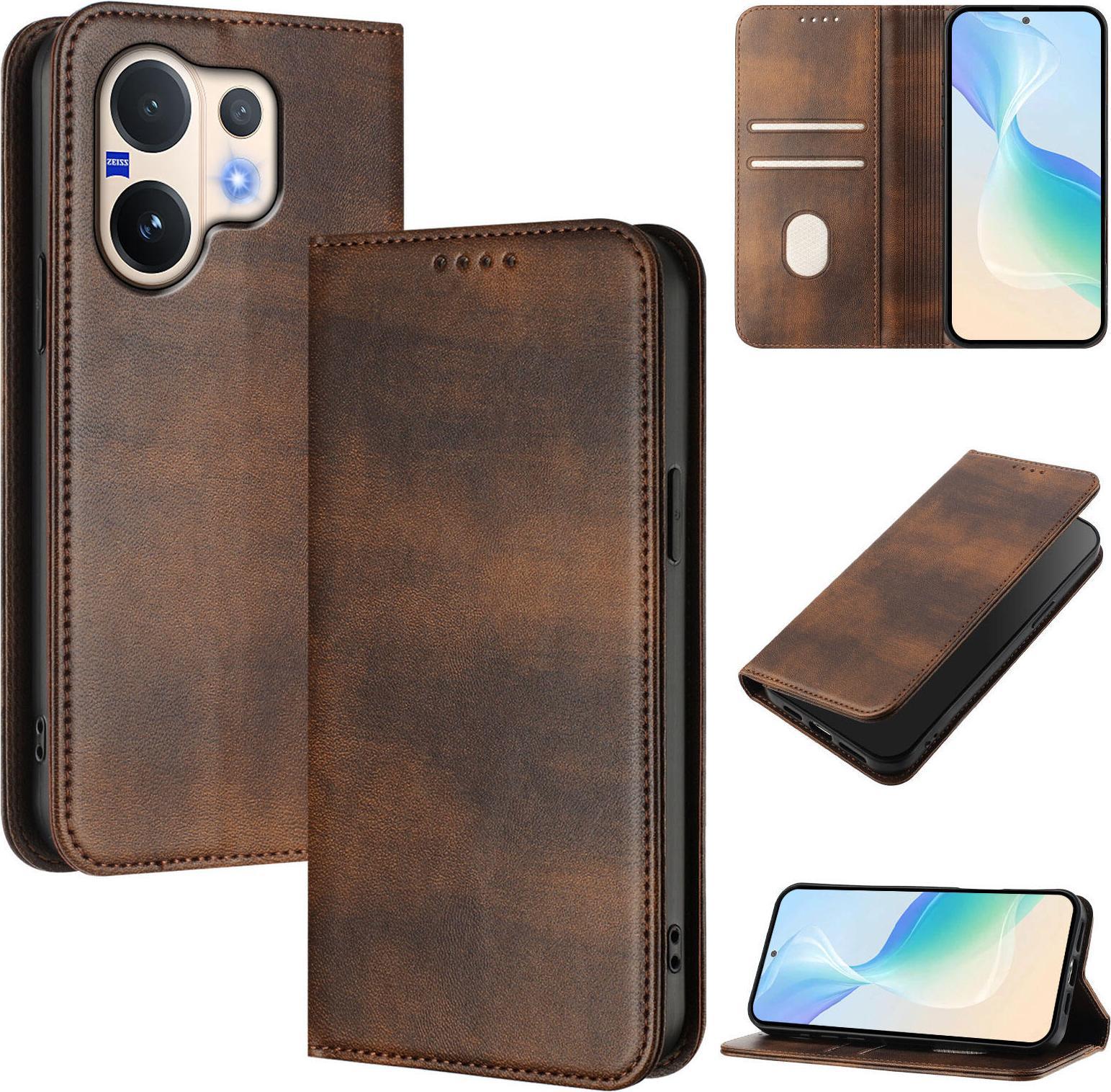 Custodia Per Telefono Cellulare Per Vivo V60, Vintage In Pelle Rfid Protezione Carta Titolare Stand Funzione Magnetica Flip Cover Marrone