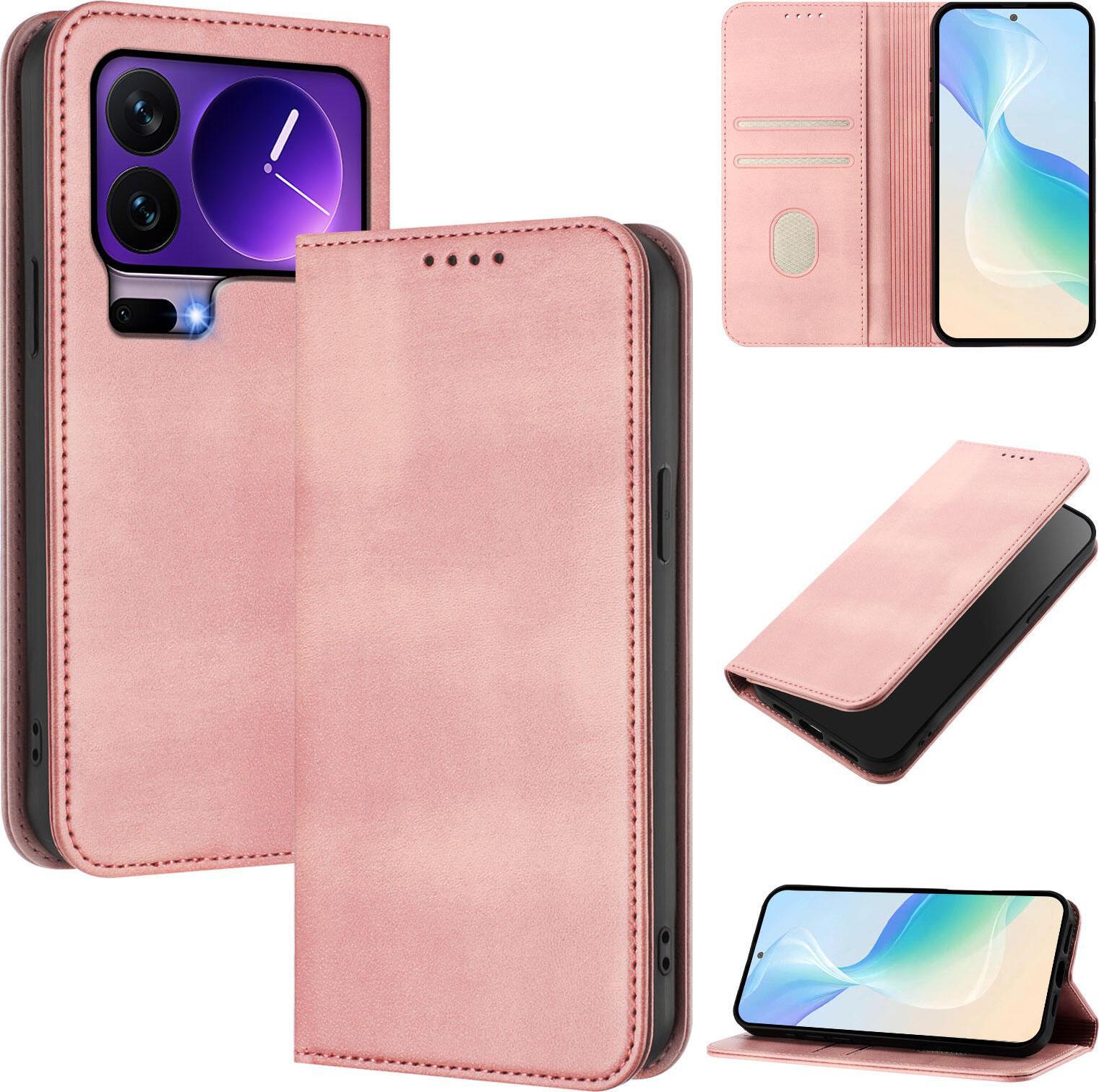 Custodia Per Telefono Cellulare Per Xiaomi 17 Pro, Vintage In Pelle Rfid Protezione Carta Titolare Stand Funzione Magnetica Flip Case Rosa