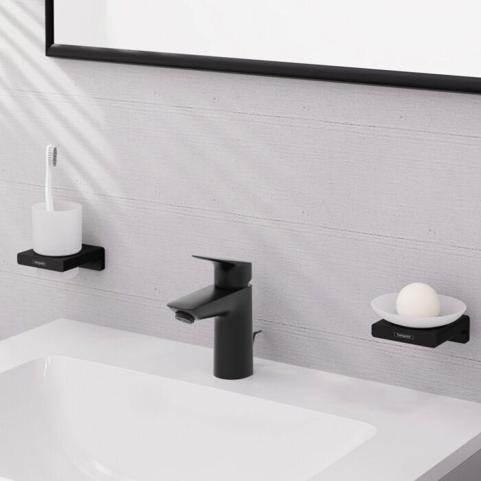 hansgrohe Logis Einhebel-Waschtisch-Armatur 71102670 Ablaufgarnitur Kunststoff Zugstange, mit CoolStart, Ausladung 108mm, mattschwarz