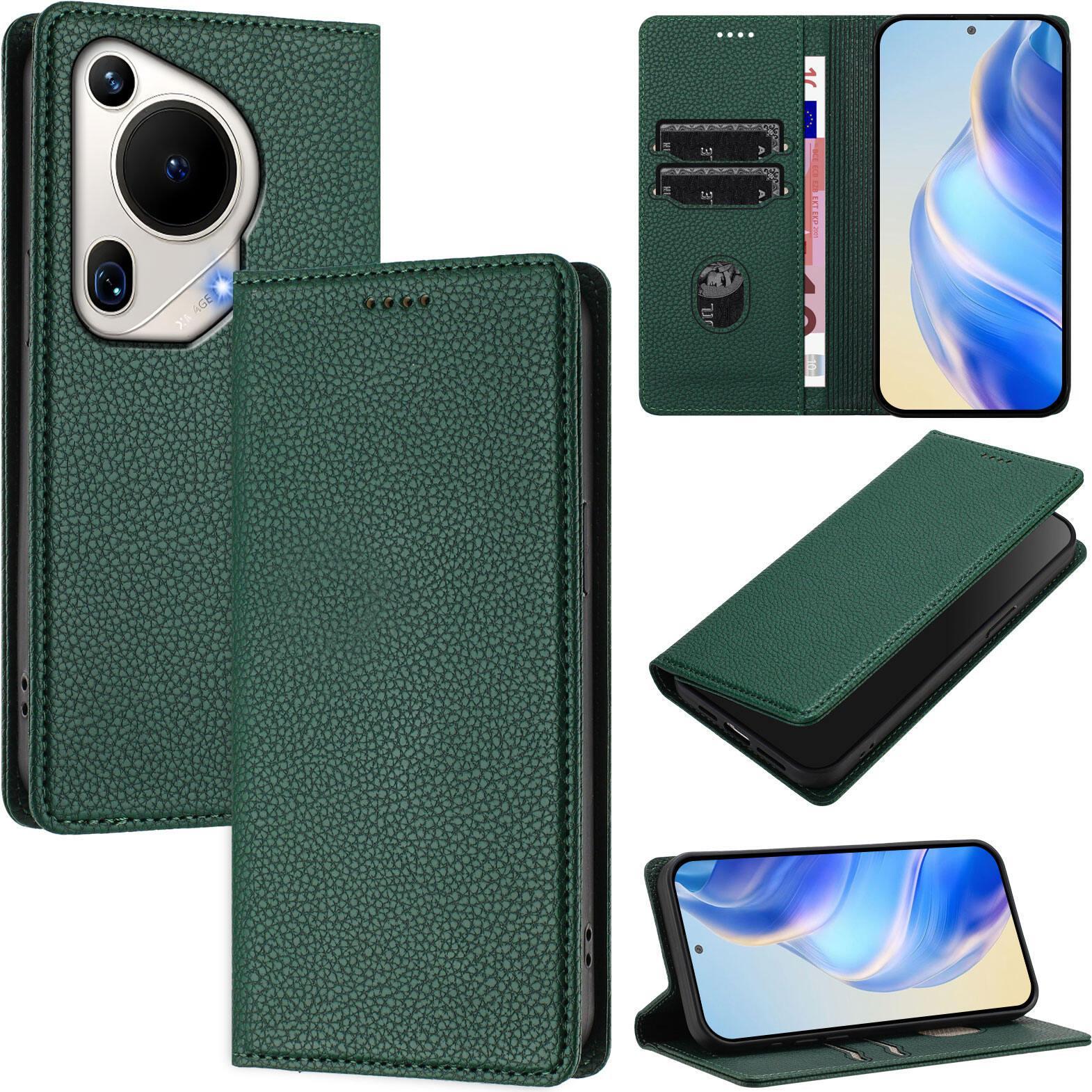 Custodia Per Telefono Cellulare In Pelle Litchi Per Huawei Pura 70 Ultra Portafoglio Slot Per Carte Di Credito Stand Funzione Custodia Verde