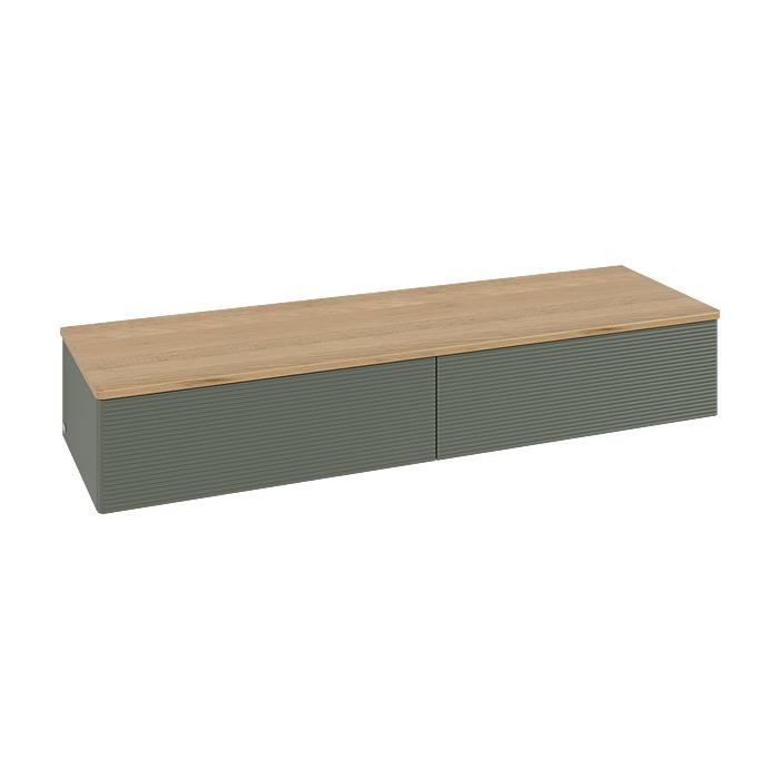 Villeroy Und Boch Antao Sideboard L42101HL Mit Beleuchtung, 2 AuszüGe, 1600 X 268 X 500 Mm, Front Mit Struktur, Leaf Green Matt Lacquer / Honey Oak