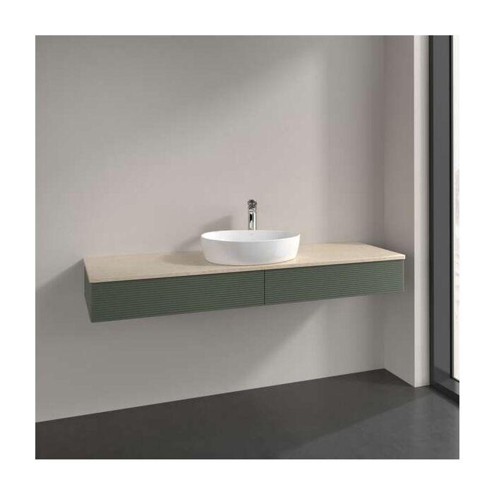Villeroy Und Boch Antao Waschtisch-Unterschrank L14113HL Mit Beleuchtung, 2 AuszüGe, 1600 X 190 X 500 Mm, Front Mit Struktur, Leaf Green Matt Lacquer / Botticino