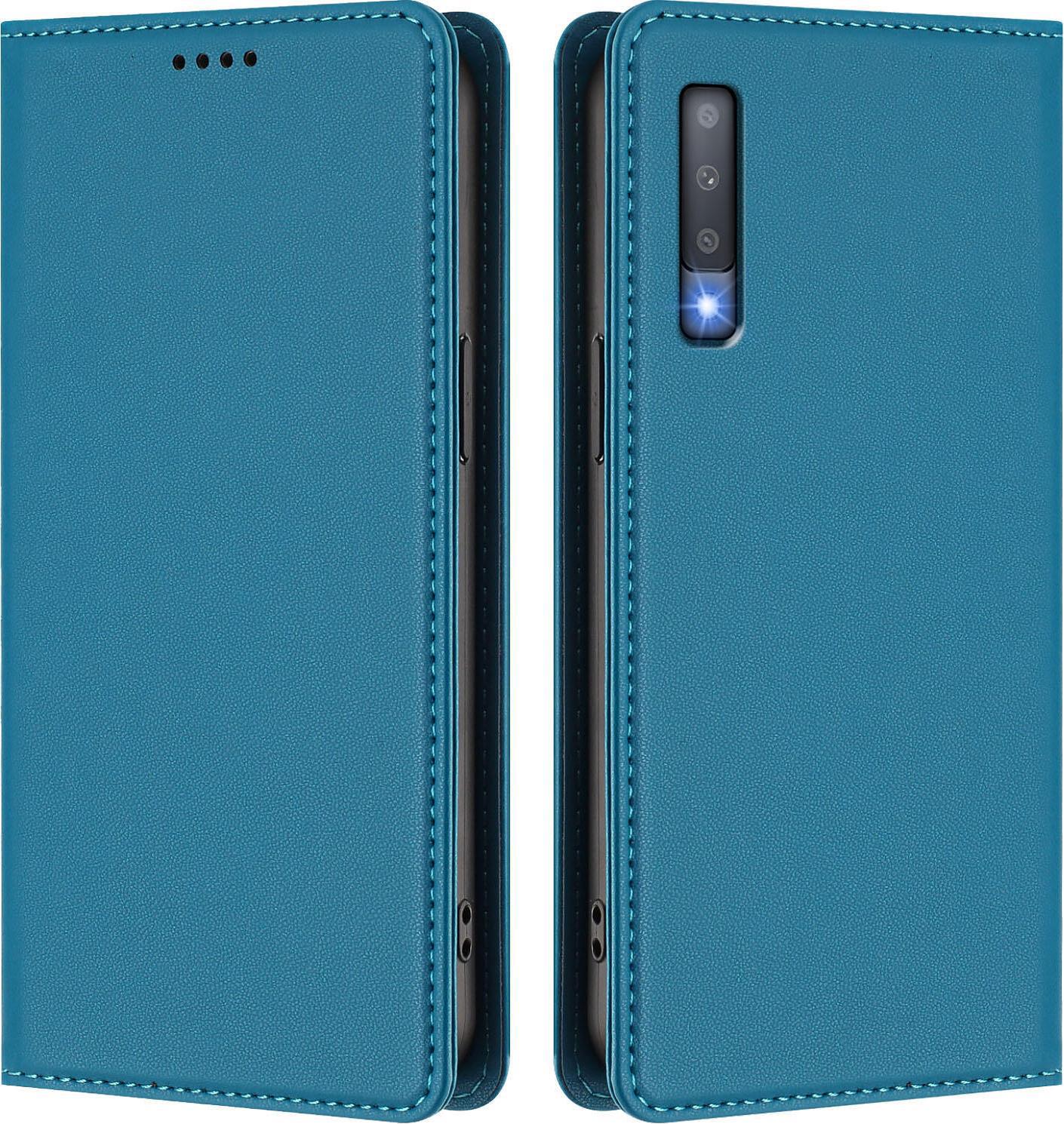 Custodia In Pelle Per Samsung Galaxy A7 2018, Flip Case Magnetico In Finto Cuoio Con Supporto Lake Blu