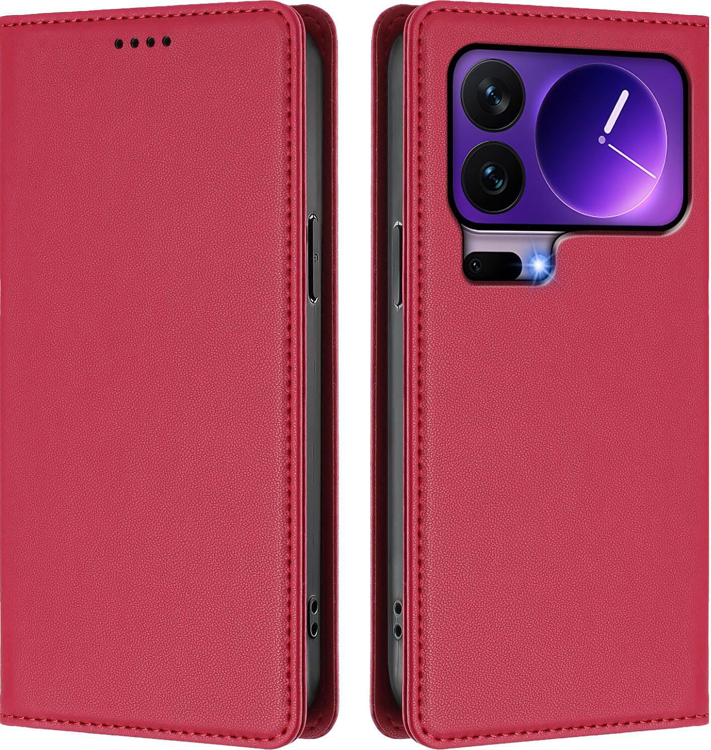 Custodia In Pelle Per Xiaomi 17 Pro, Custodia Magnetica In Finto Cuoio Con Supporto Rosso