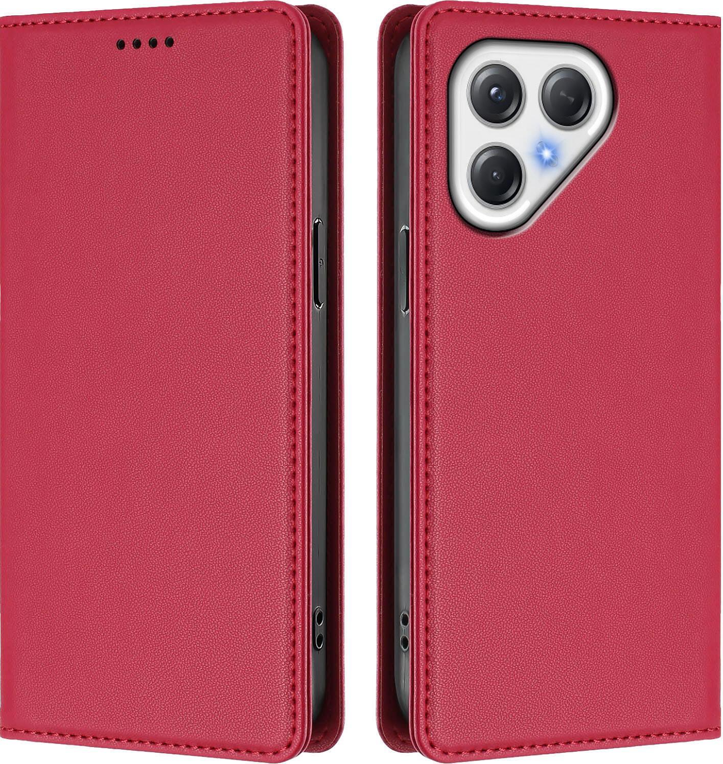Custodia Per Tecno Pova 7 5G, Flip Cover In Finto Cuoio Antiurto Magnetica Con Supporto Rosso