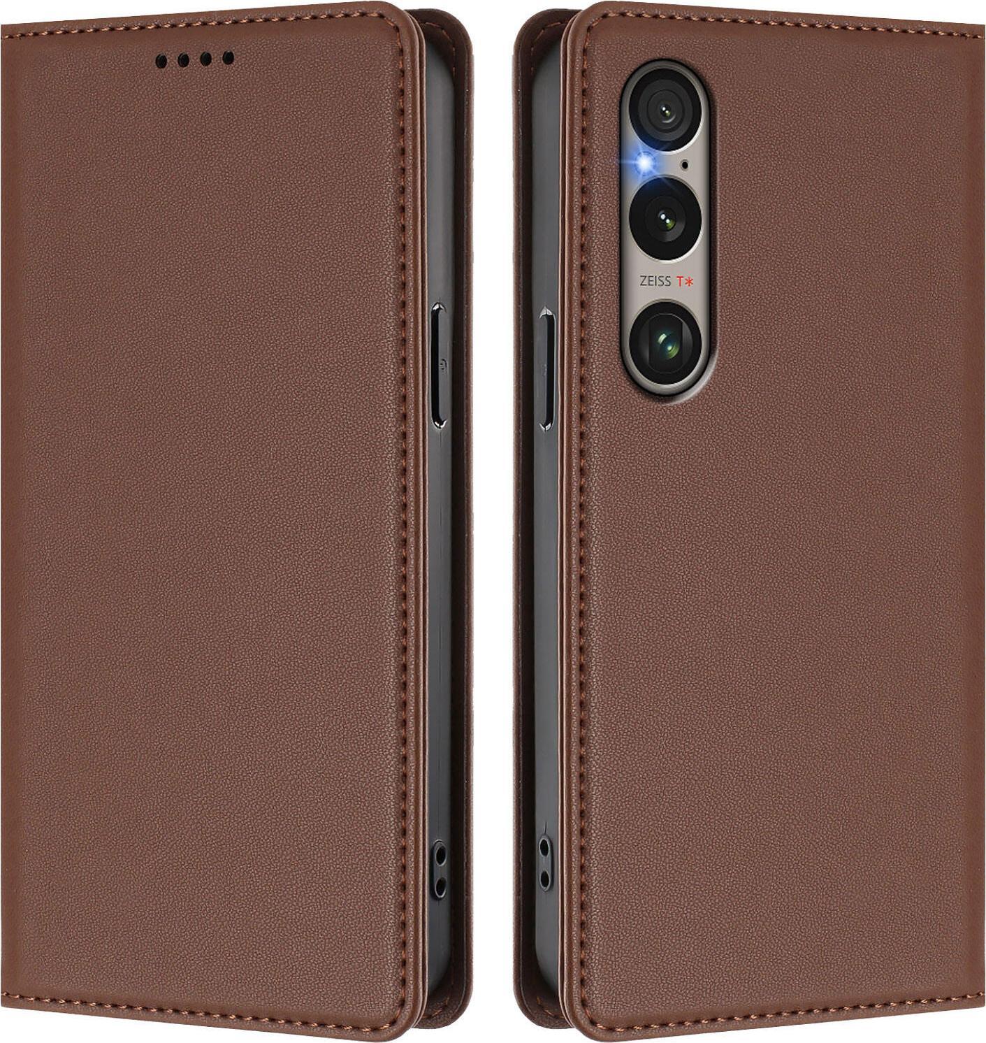 Custodia Per Sony Xperia 1 Vi, Flip Cover In Finto Cuoio Antiurto Magnetica Con Supporto Marrone