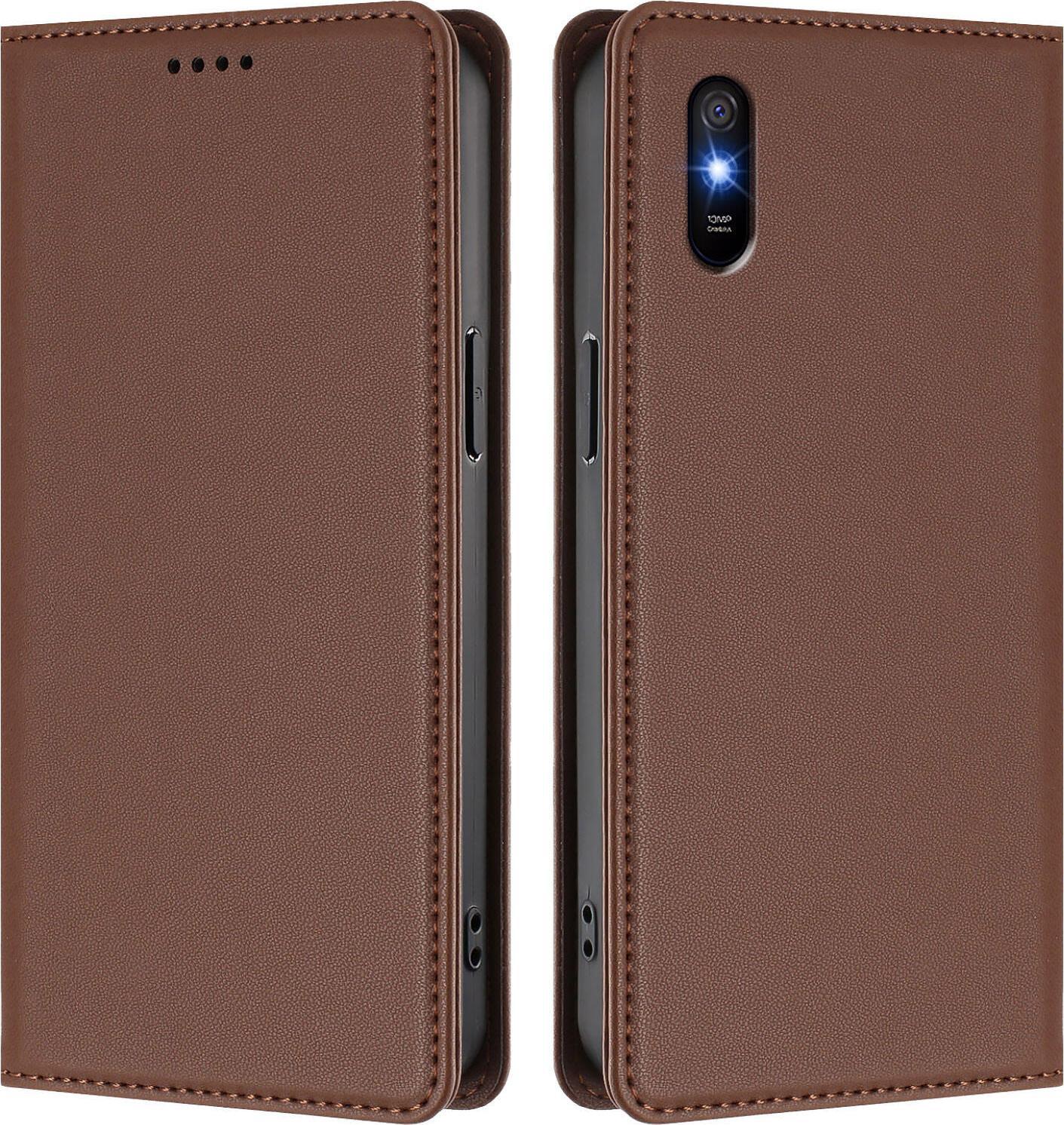Custodia Per Xiaomi Redmi 9A, Flip Cover In Finto Cuoio Antiurto Magnetica Con Supporto Marrone